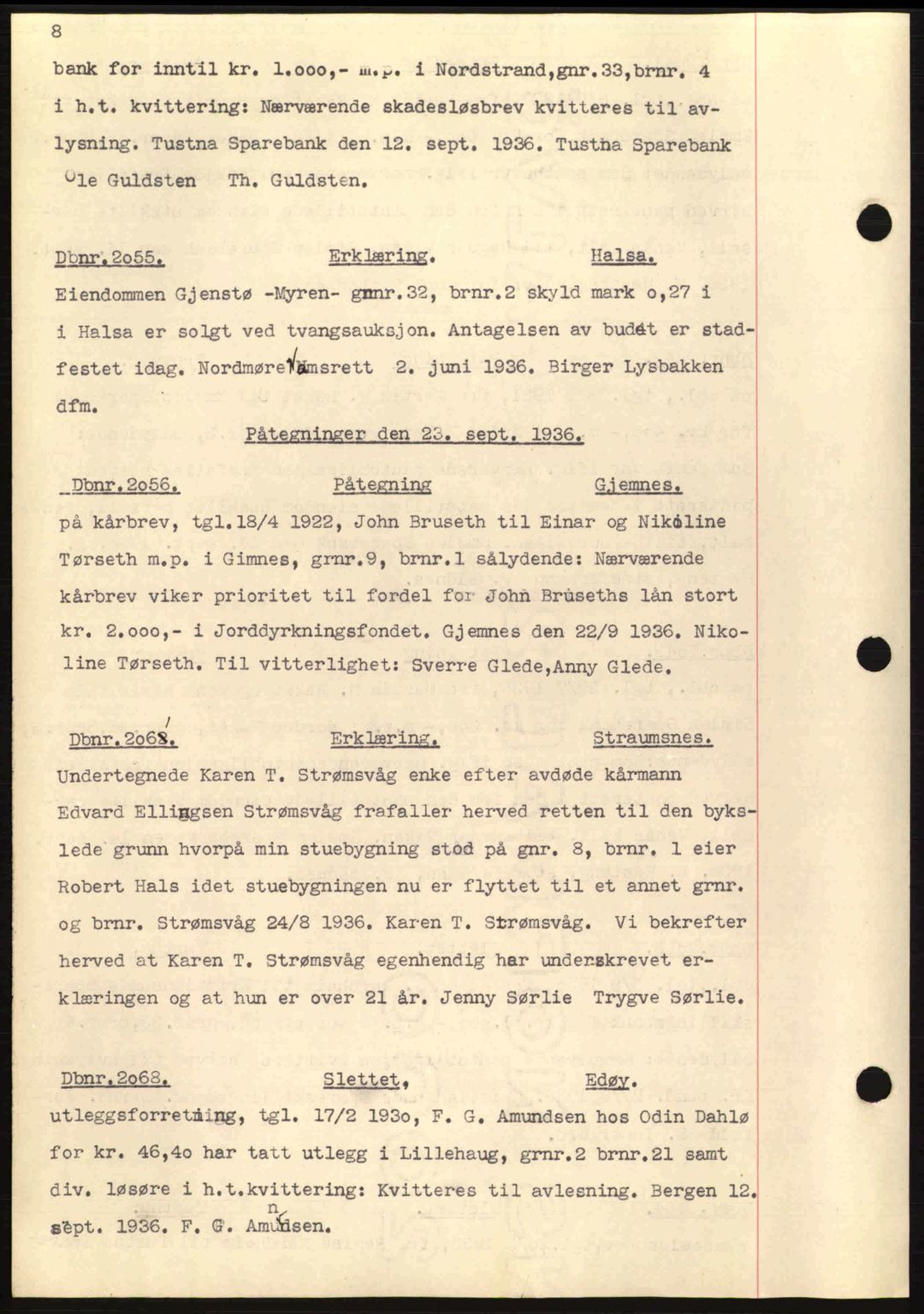 Nordmøre sorenskriveri, AV/SAT-A-4132/1/2/2Ca: Mortgage book no. C80, 1936-1939, Diary no: : 2055/1936