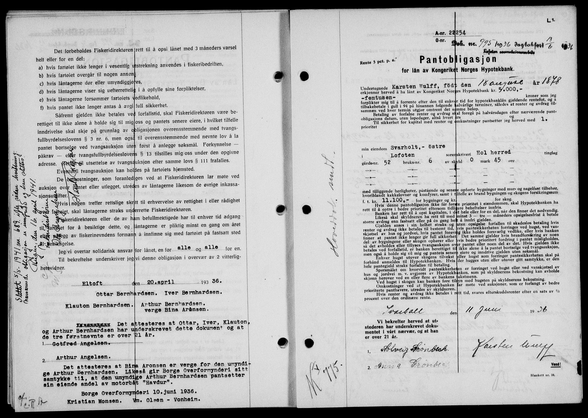 Lofoten sorenskriveri, SAT/A-0017/1/2/2C/L0033b: Mortgage book no. 33b, 1936-1936, Diary no: : 995/1936