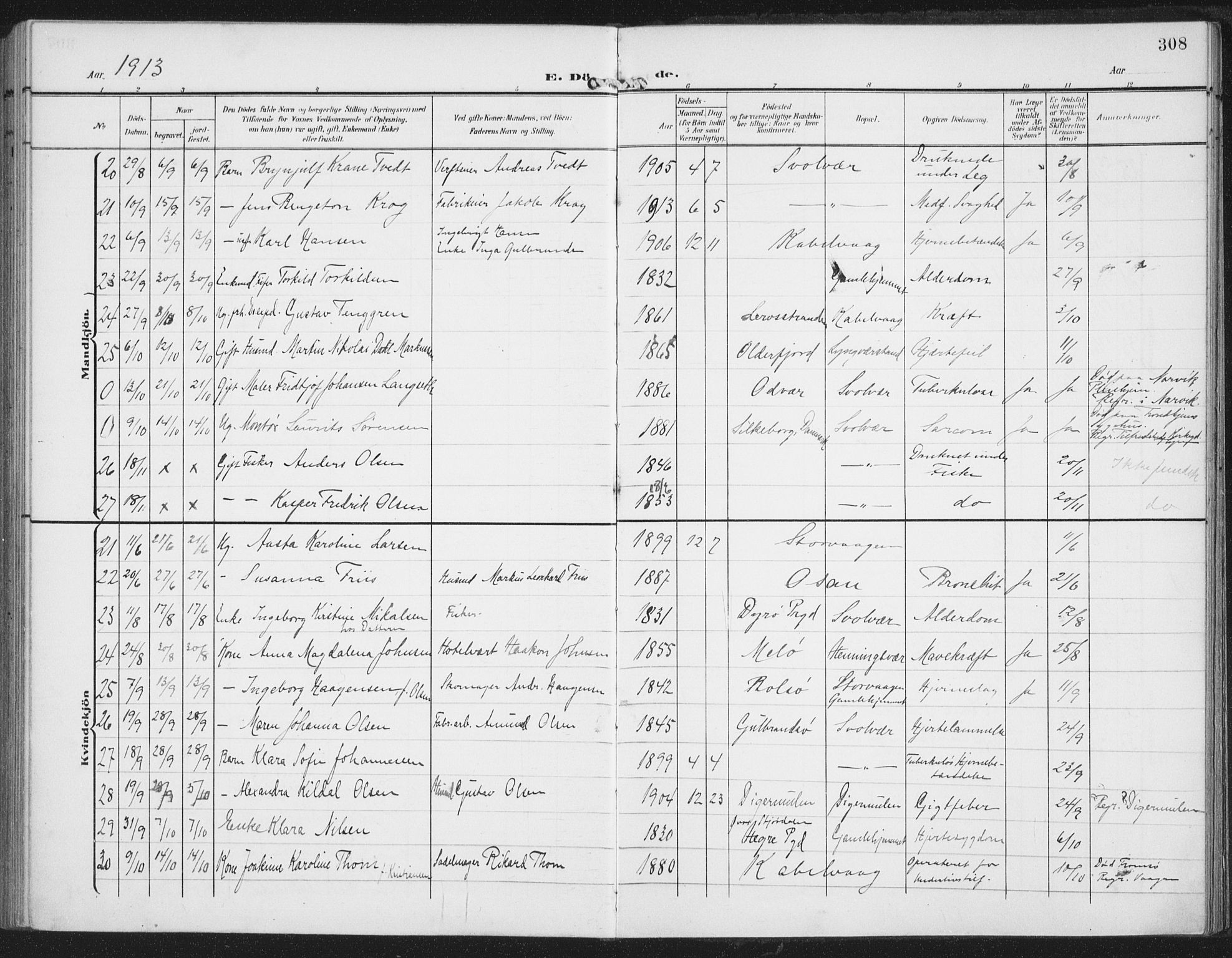 Ministerialprotokoller, klokkerbøker og fødselsregistre - Nordland, SAT/A-1459/874/L1063: Parish register (official) no. 874A07, 1907-1915, p. 308