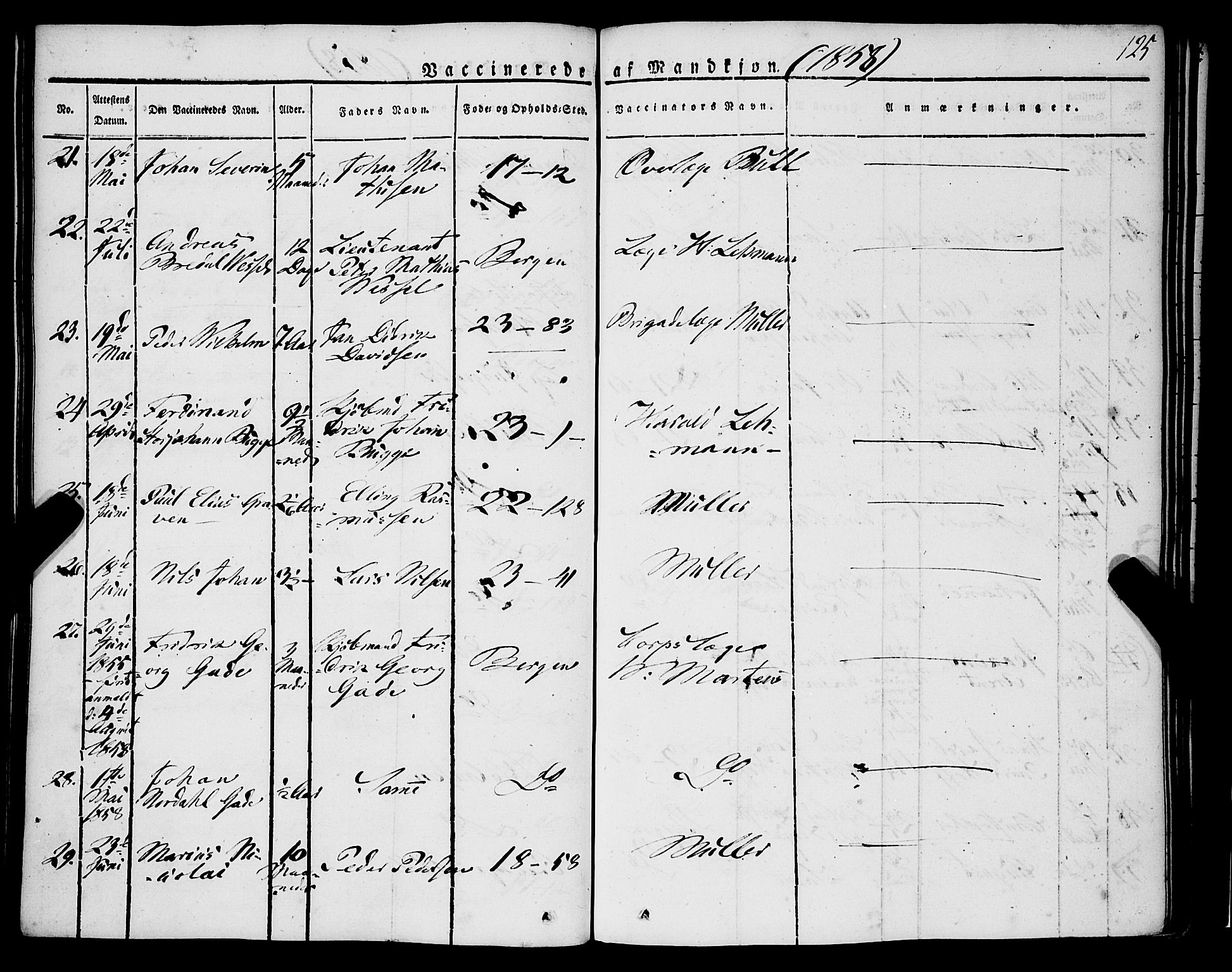 Korskirken sokneprestembete, AV/SAB-A-76101/H/Haa/L0050: Parish register (official) no. F 1, 1821-1869, p. 125