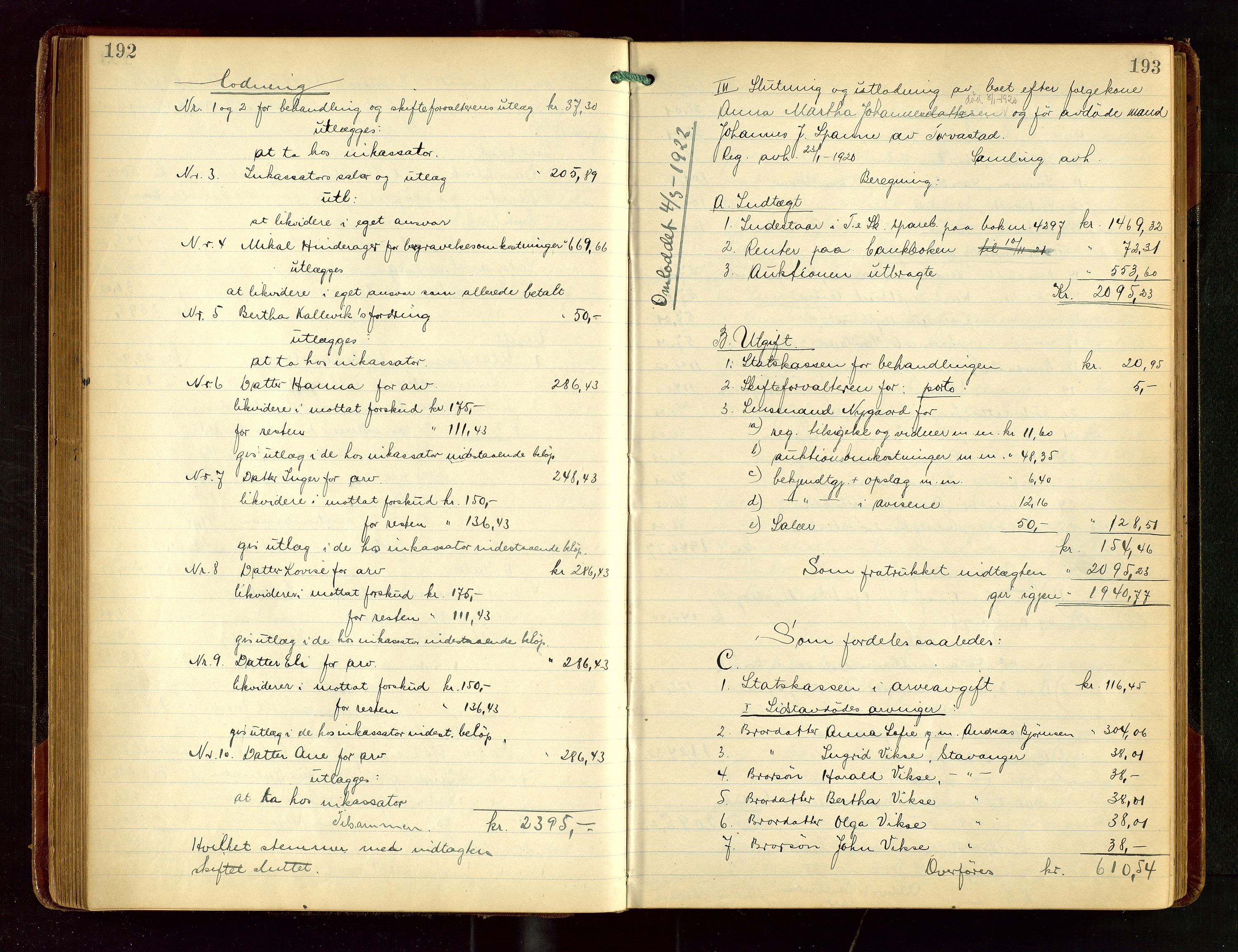 Karmsund sorenskriveri, AV/SAST-A-100311/01/IV/IVGB/L0003: SKIFTEUTLODNINGSPROTOKOLL, 1919-1925, p. 192-193