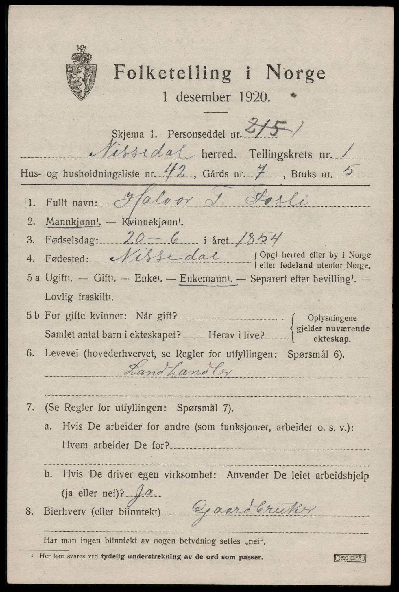 SAKO, 1920 census for Nissedal, 1920, p. 1263