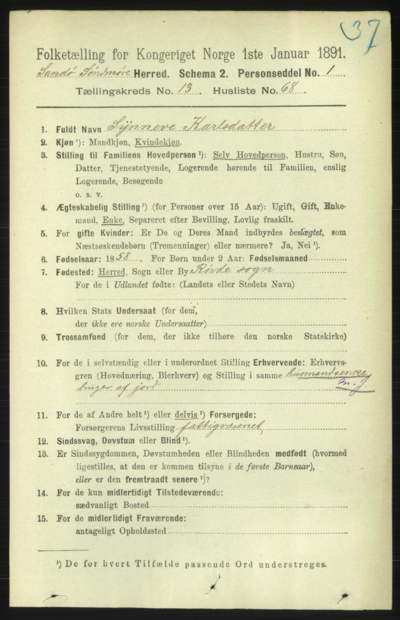 RA, 1891 census for 1514 Sande, 1891, p. 2815