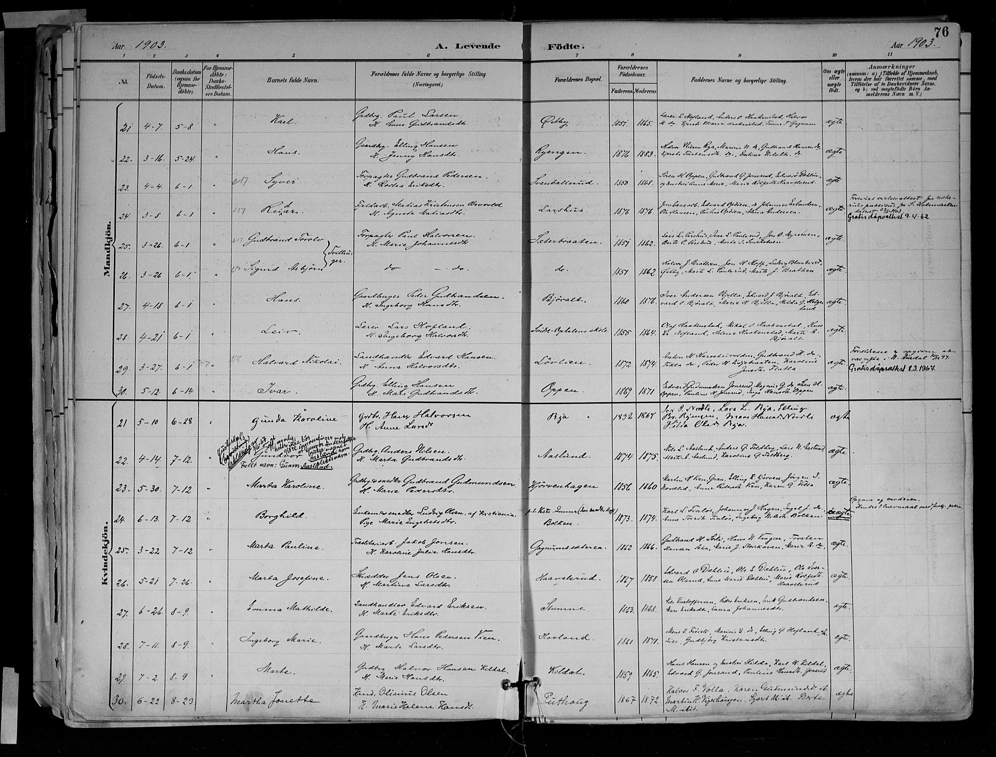 Jevnaker prestekontor, SAH/PREST-116/H/Ha/Haa/L0010: Parish register (official) no. 10, 1891-1906, p. 76