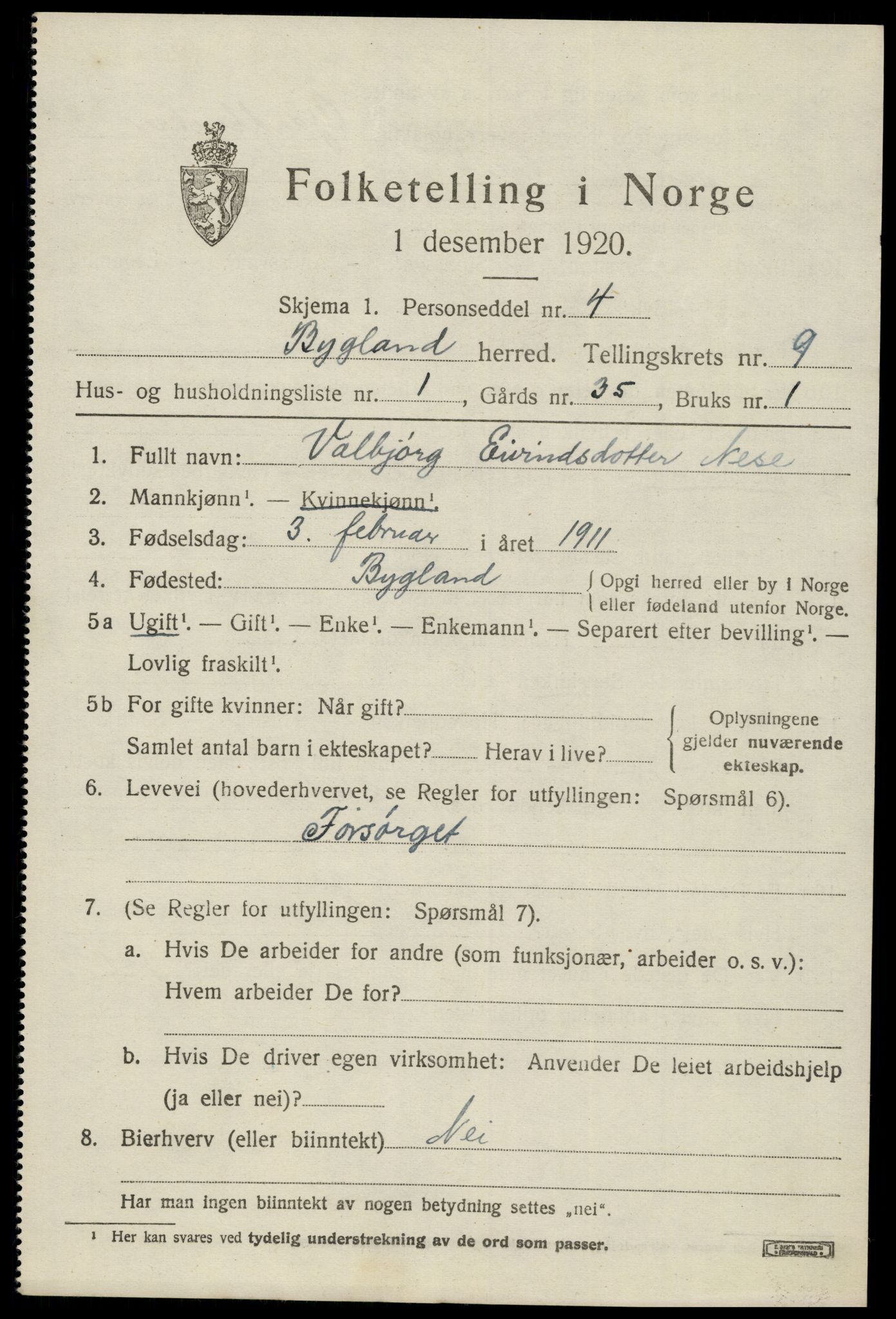 SAK, 1920 census for Bygland, 1920, p. 3095