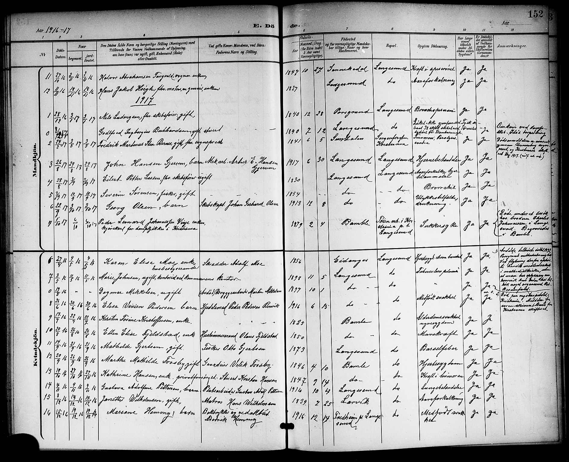 Langesund kirkebøker, SAKO/A-280/G/Ga/L0006: Parish register (copy) no. 6, 1899-1918, p. 152