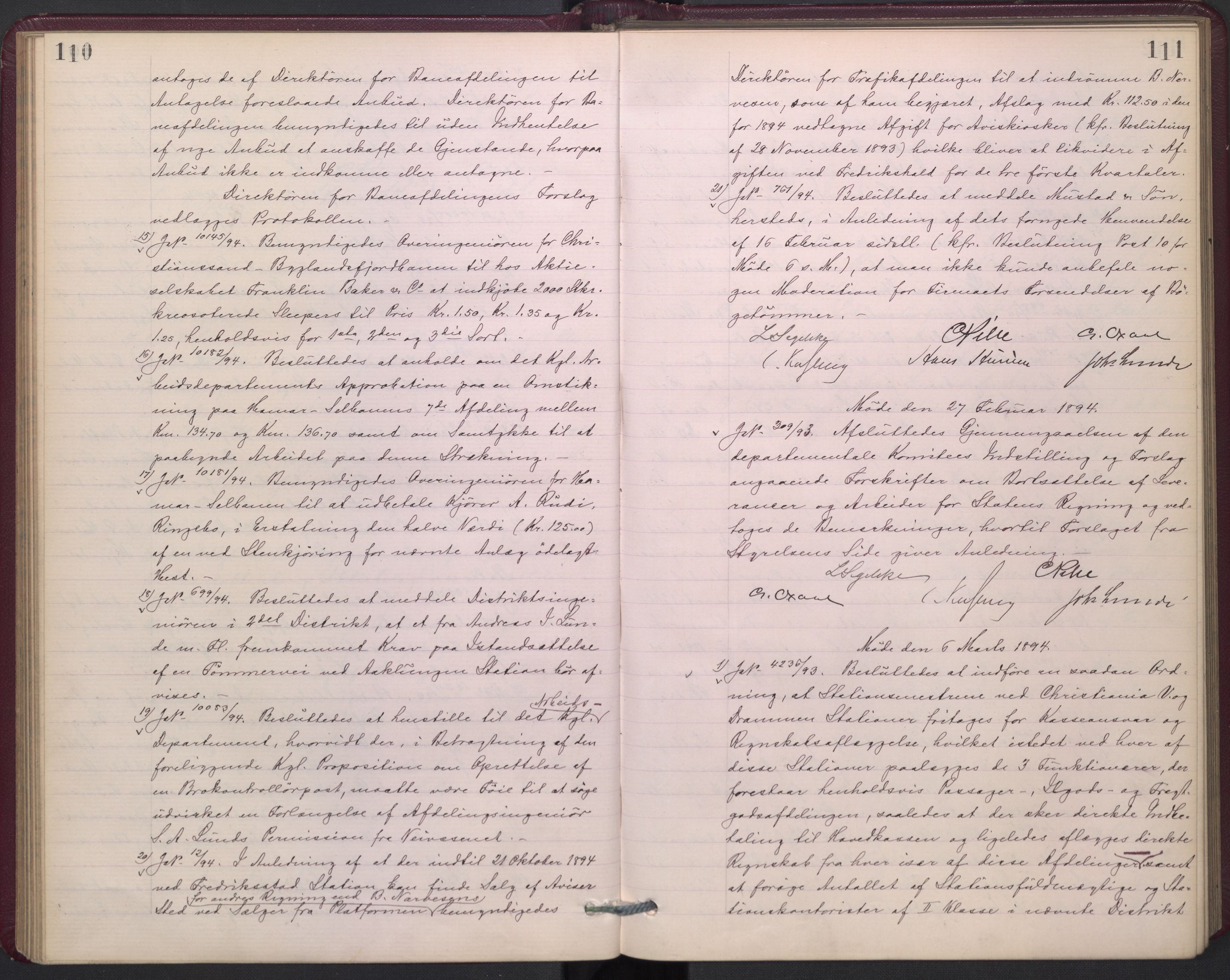 Norges statsbaner, Administrasjons- økonomi- og personalavdelingen, AV/RA-S-3412/A/Aa/L0002a: Forhandlingsprotokoll, 1893-1895, p. 110-111