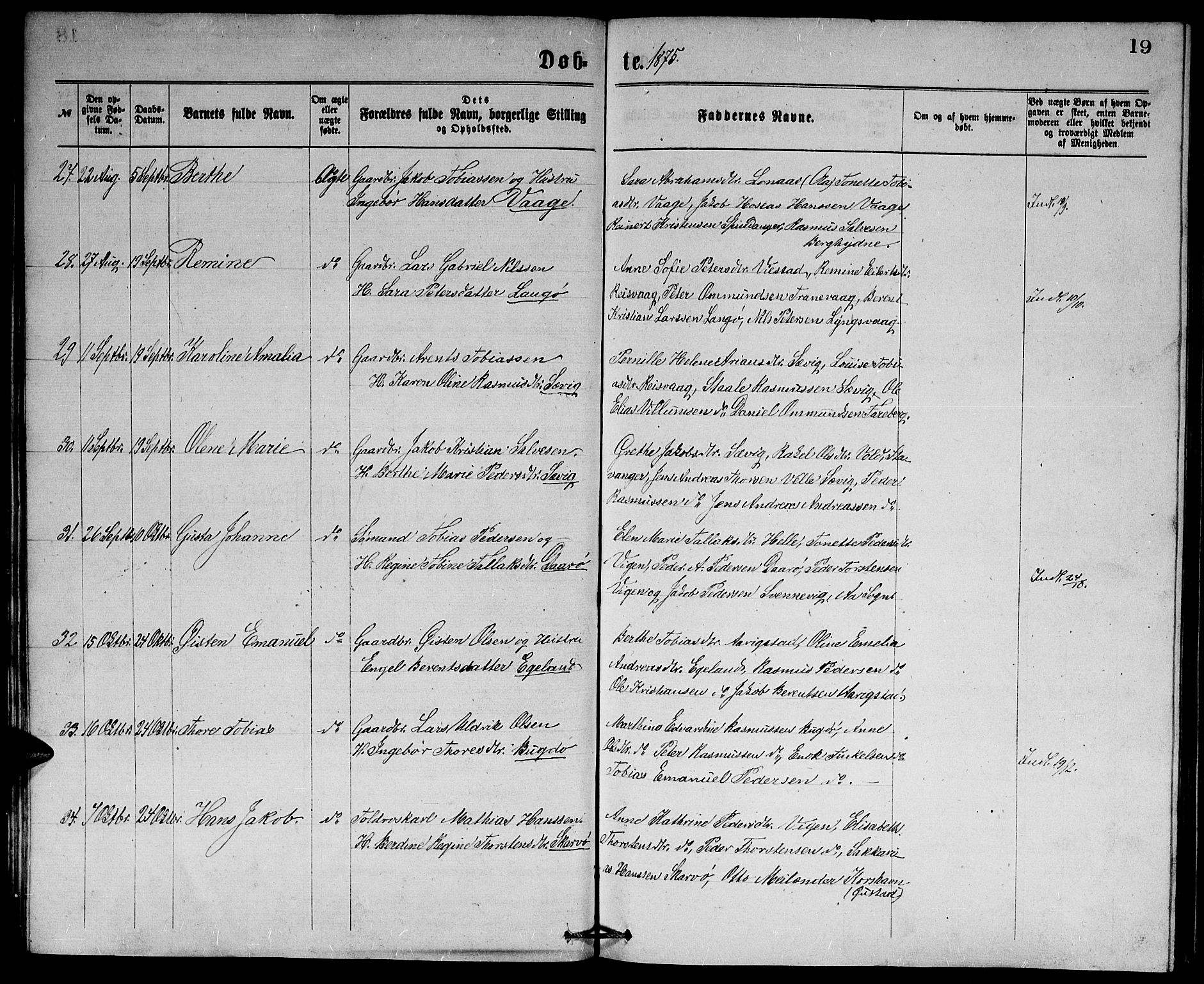 Herad sokneprestkontor, AV/SAK-1111-0018/F/Fb/Fbb/L0003: Parish register (copy) no. B 3, 1872-1889, p. 19