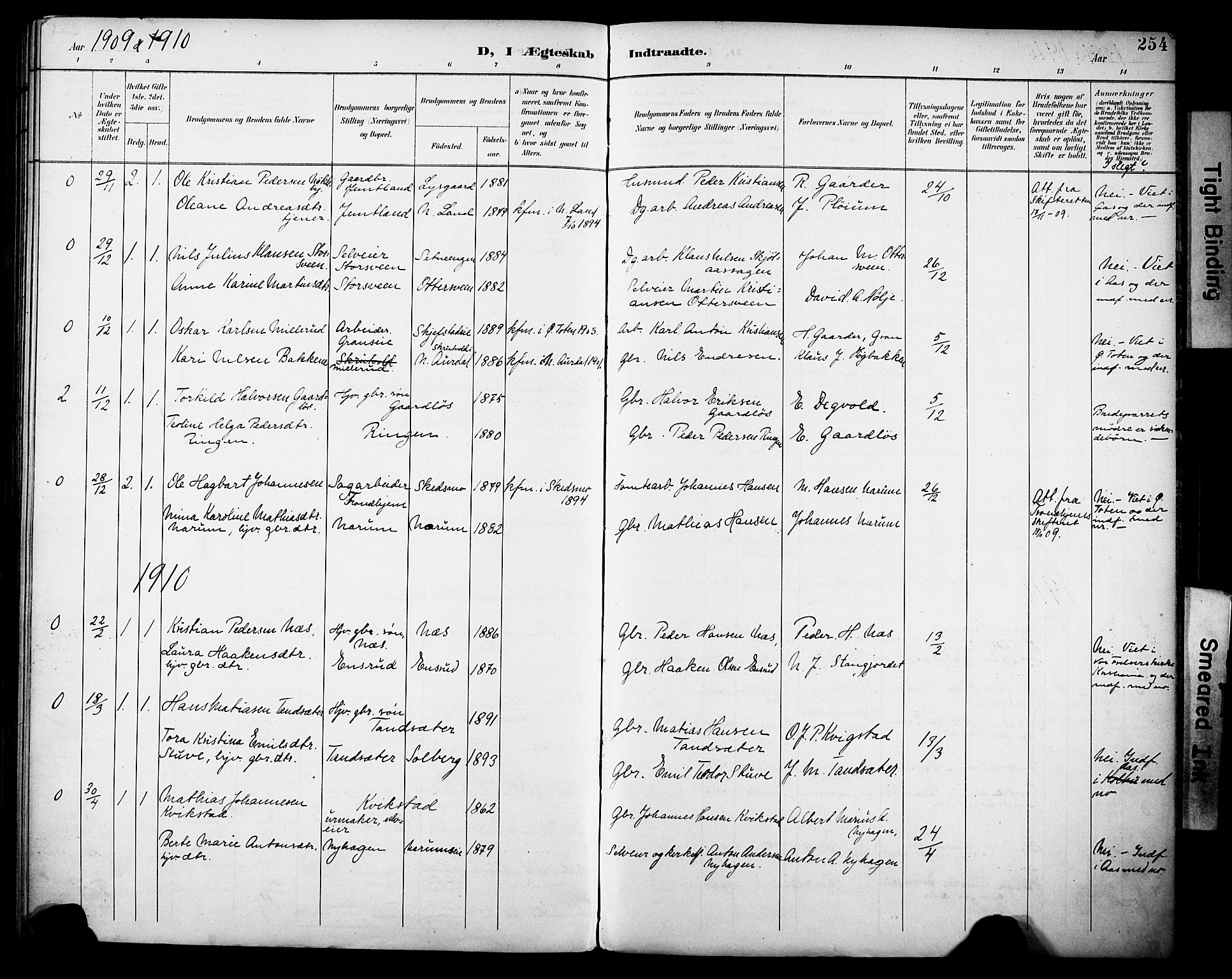 Vestre Toten prestekontor, SAH/PREST-108/H/Ha/Haa/L0013: Parish register (official) no. 13, 1895-1911, p. 254