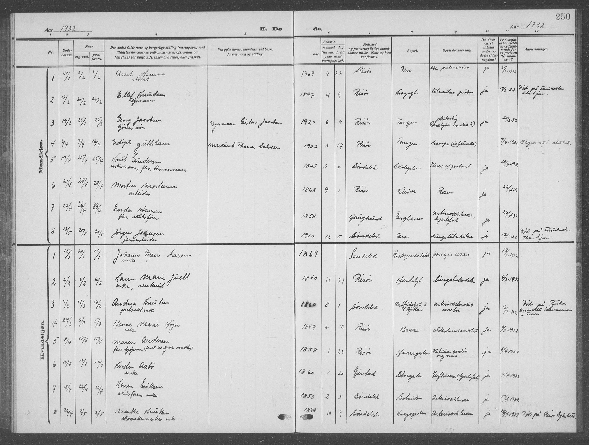 Risør sokneprestkontor, AV/SAK-1111-0035/F/Fb/L0009: Parish register (copy) no. B 9, 1922-1939, p. 250