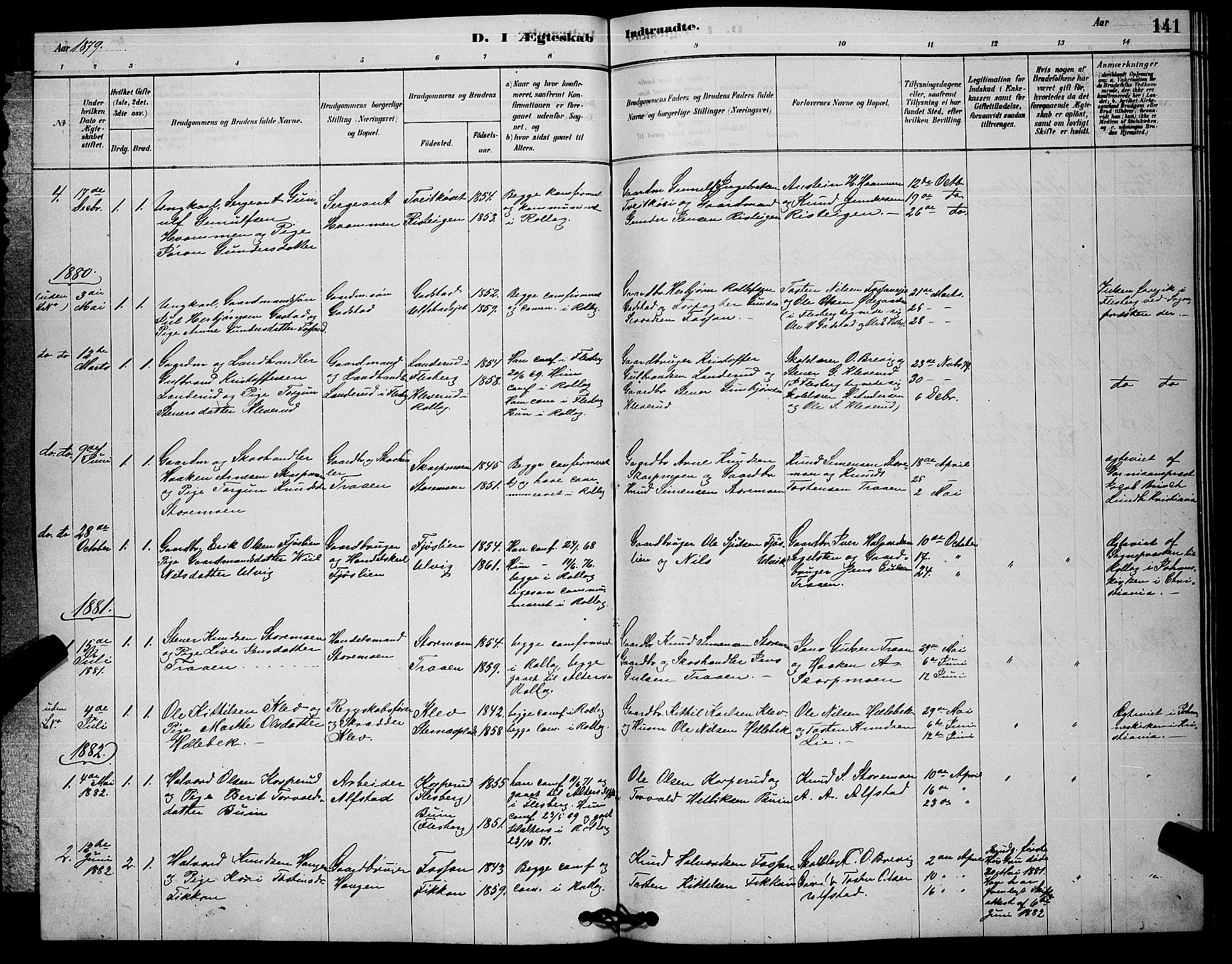 Rollag kirkebøker, SAKO/A-240/G/Ga/L0004: Parish register (copy) no. I 4, 1878-1903, p. 141