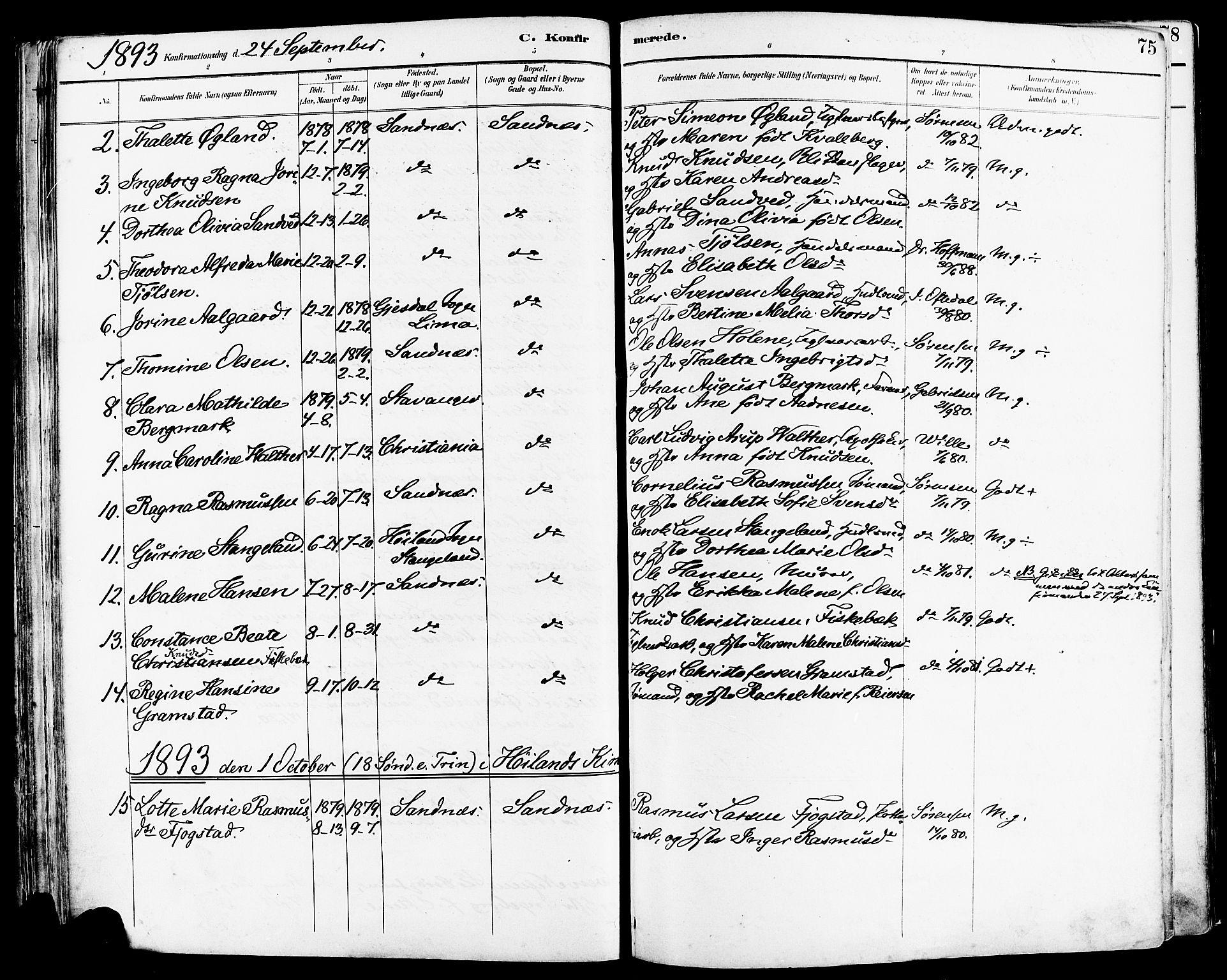 Høyland sokneprestkontor, SAST/A-101799/001/30BA/L0014: Parish register (official) no. A 12, 1890-1898, p. 75