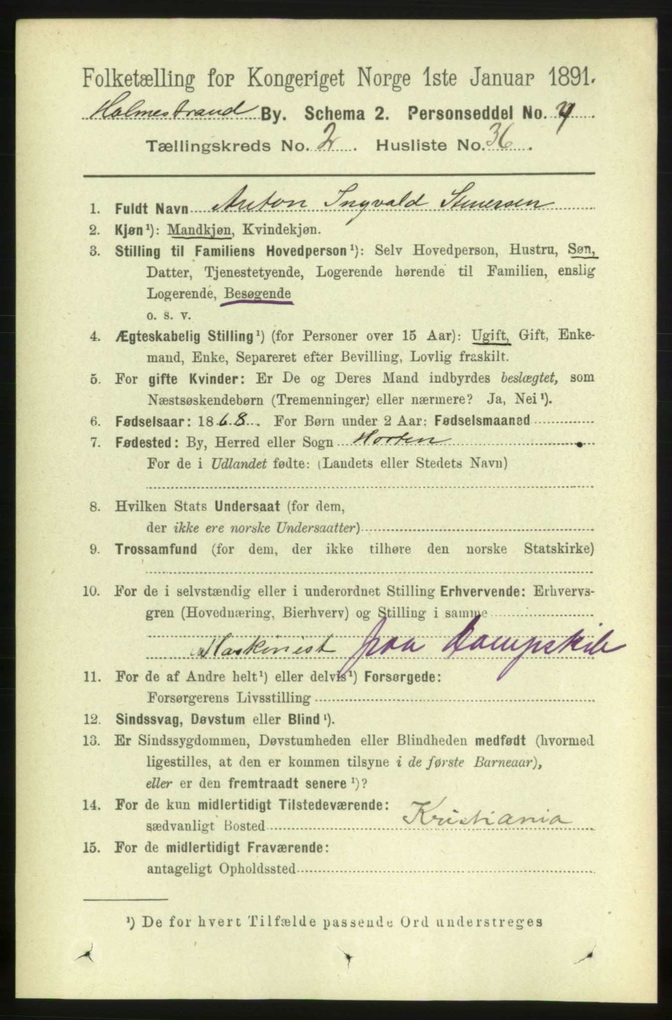 RA, 1891 census for 0702 Holmestrand, 1891, p. 1521