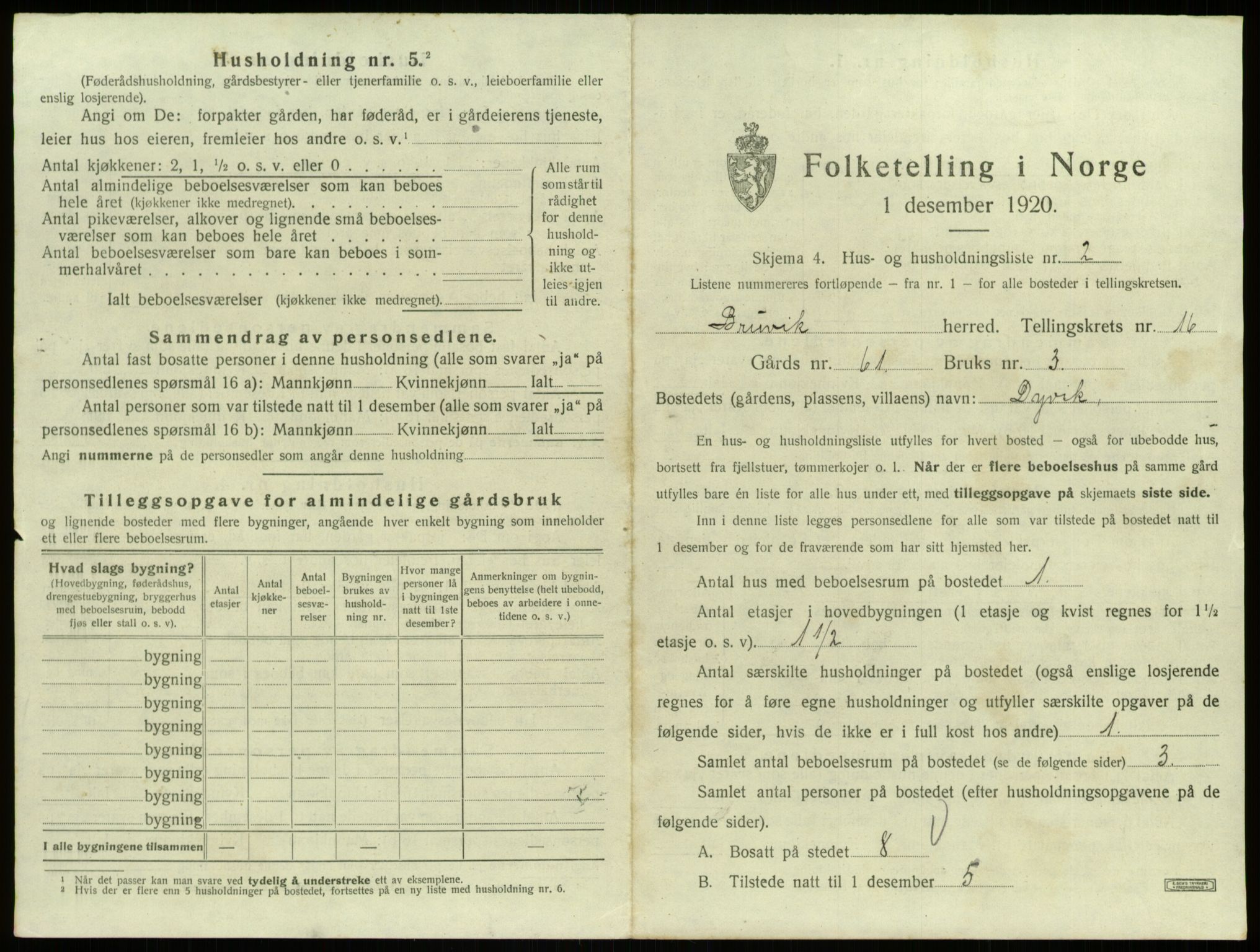 SAB, 1920 census for Bruvik, 1920, p. 1074