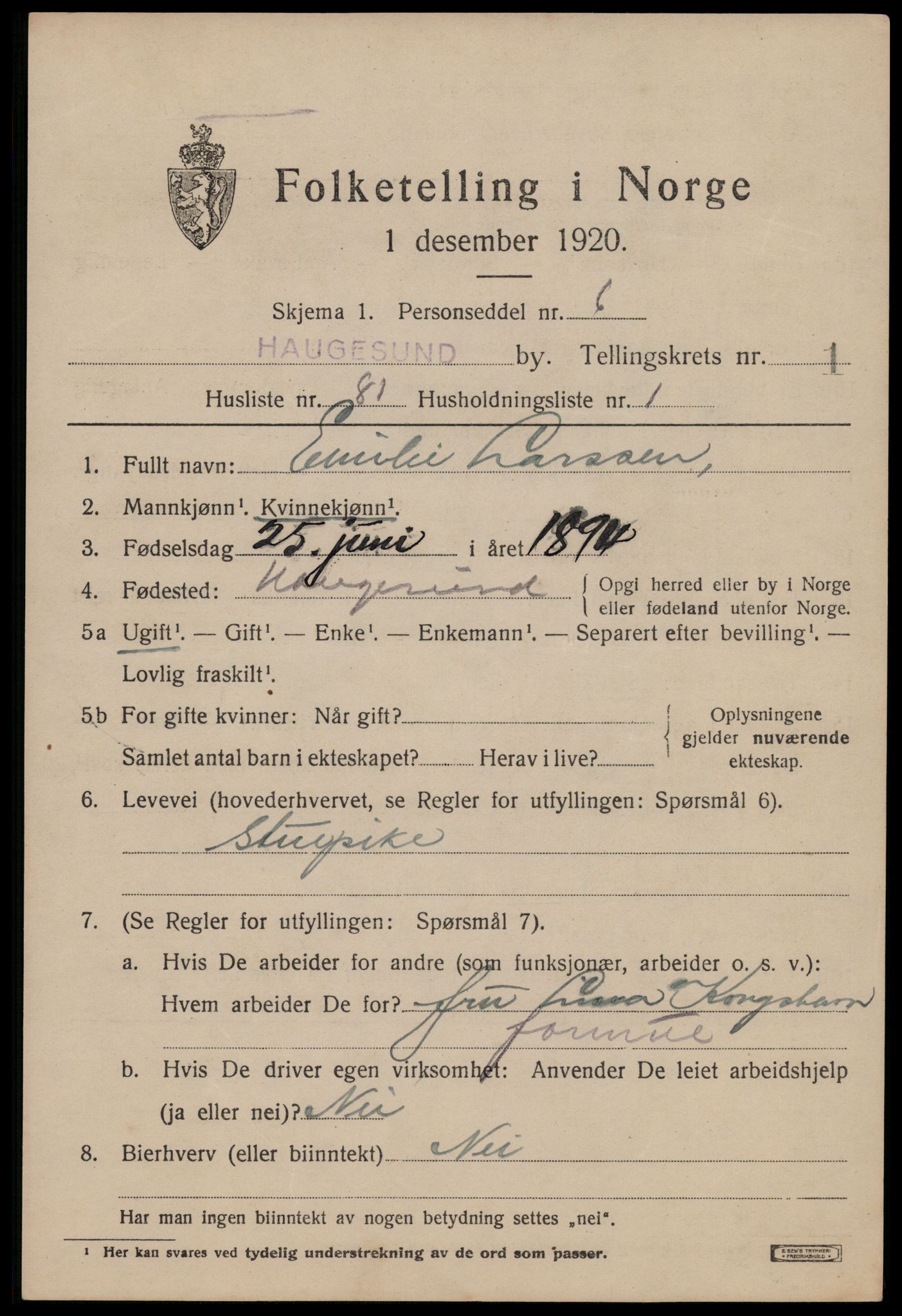 SAST, 1920 census for Haugesund, 1920, p. 12743