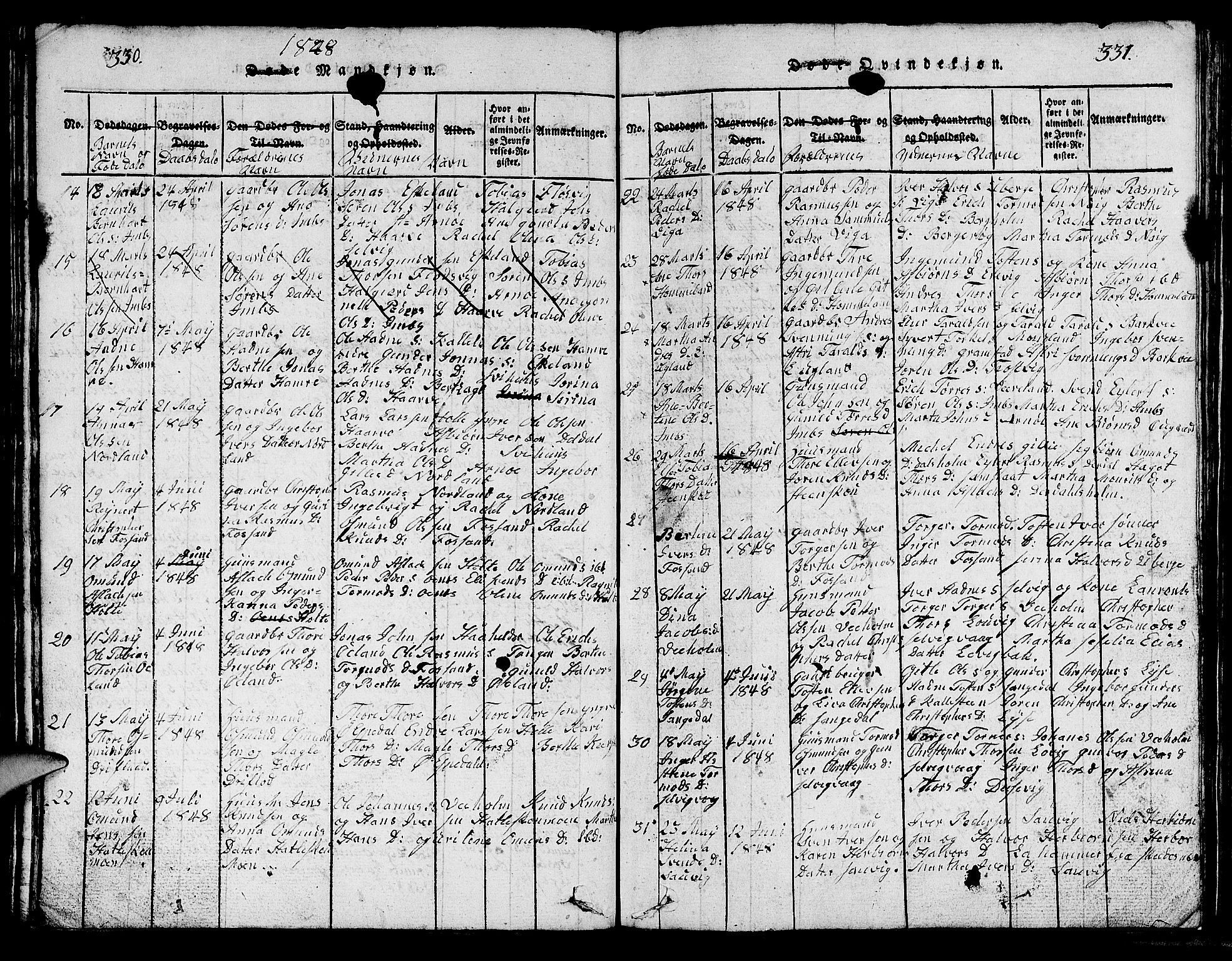 Strand sokneprestkontor, AV/SAST-A-101828/H/Ha/Hab/L0002: Parish register (copy) no. B 2, 1816-1854, p. 330-331