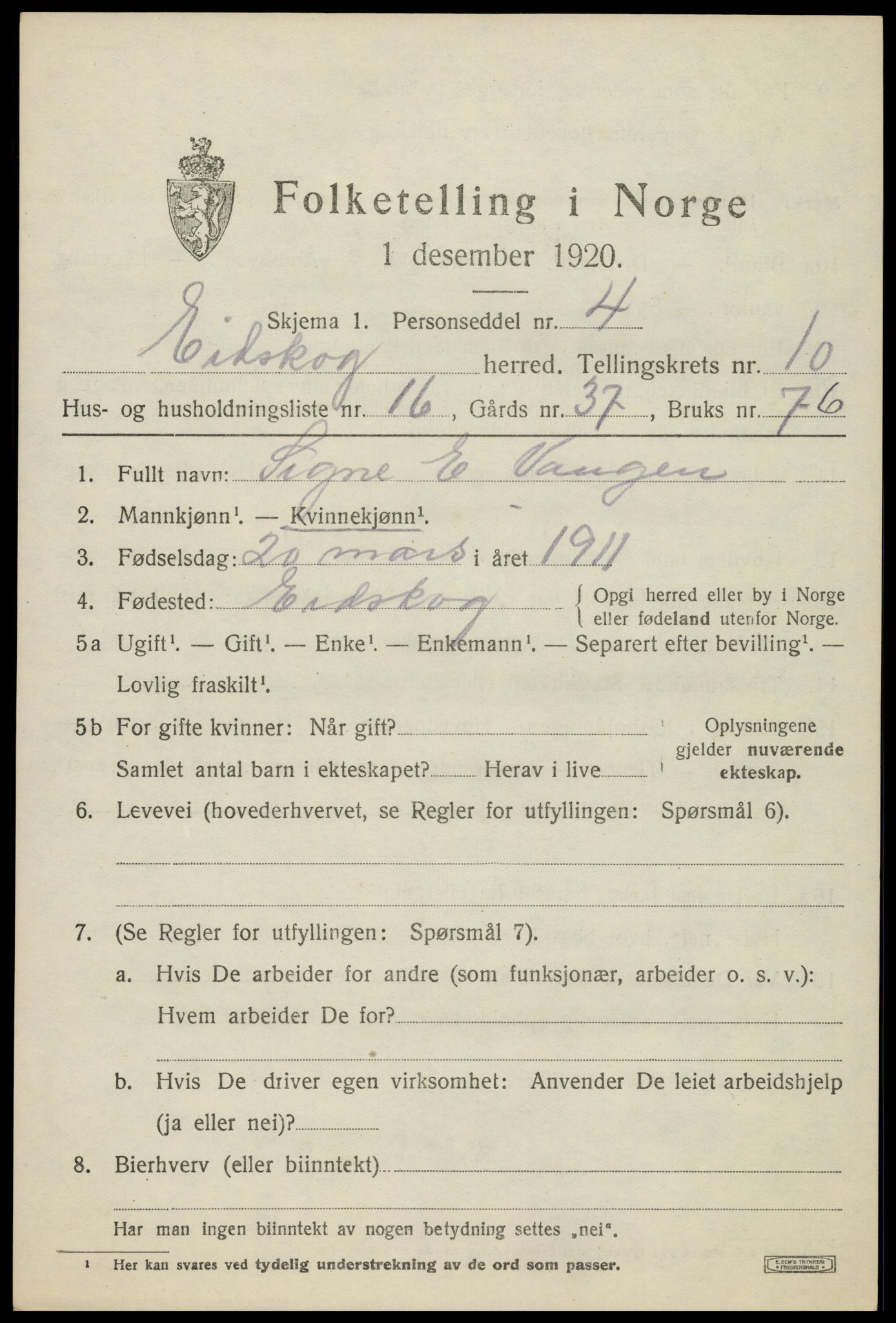 SAH, 1920 census for Eidskog, 1920, p. 11307