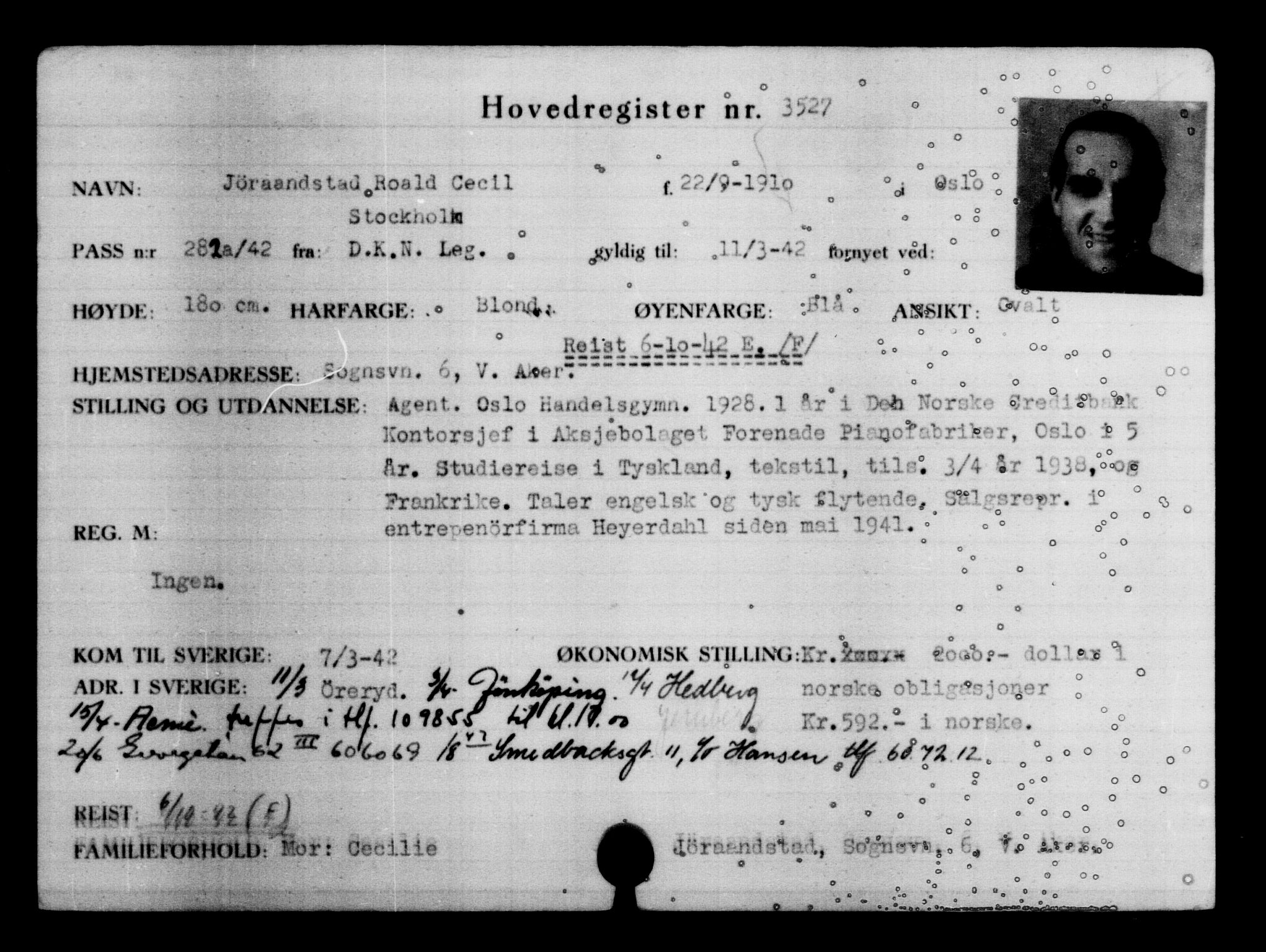 Utenriksstasjonene, Legasjonen i Stockholm, Flyktningkontoret, AV/RA-S-6753/V/Va/L0004: Kjesäterkartoteket, flyktninger med registreringsnr. 3496-6610, 1940-1945, p. 39