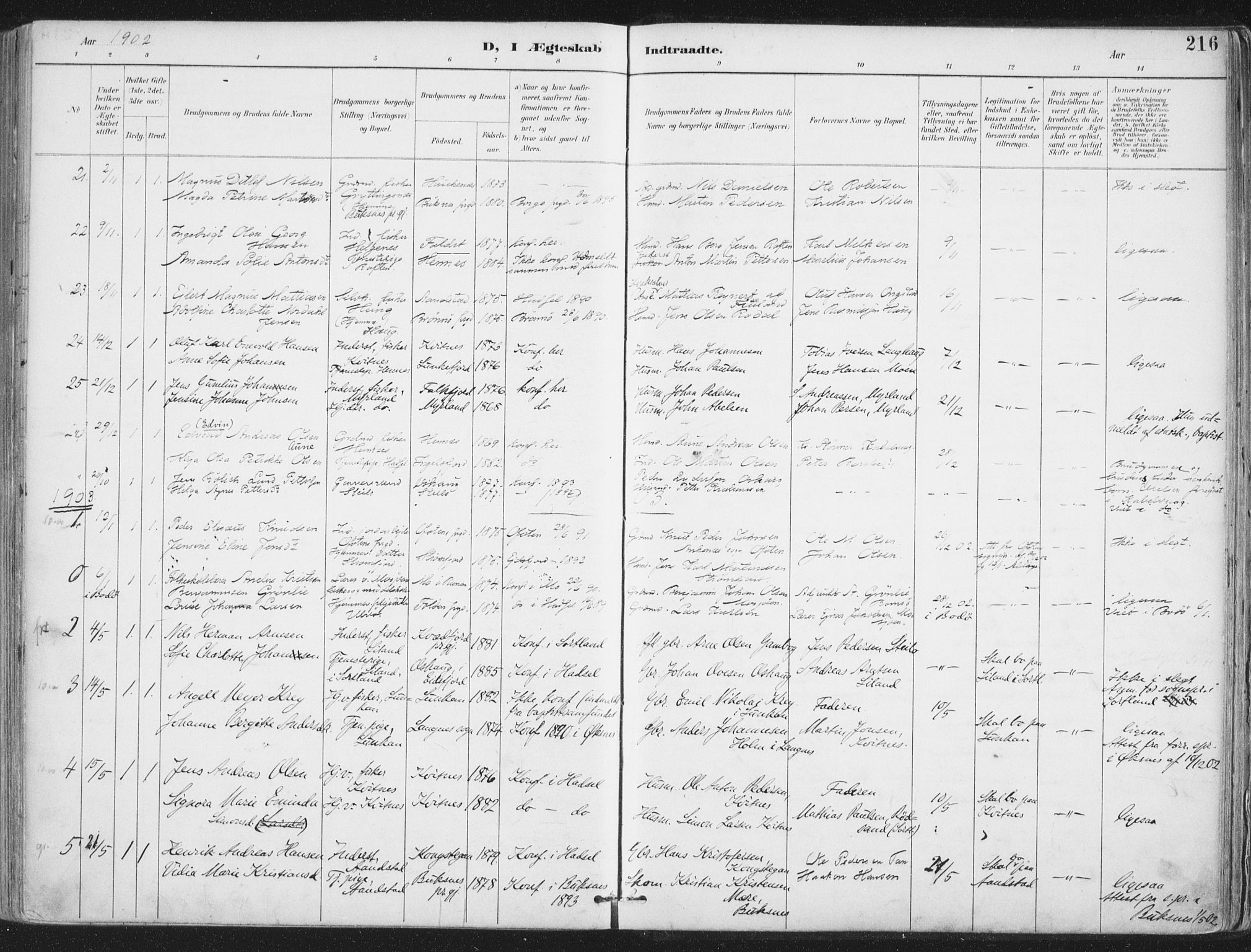 Ministerialprotokoller, klokkerbøker og fødselsregistre - Nordland, SAT/A-1459/888/L1246: Parish register (official) no. 888A12, 1891-1903, p. 216