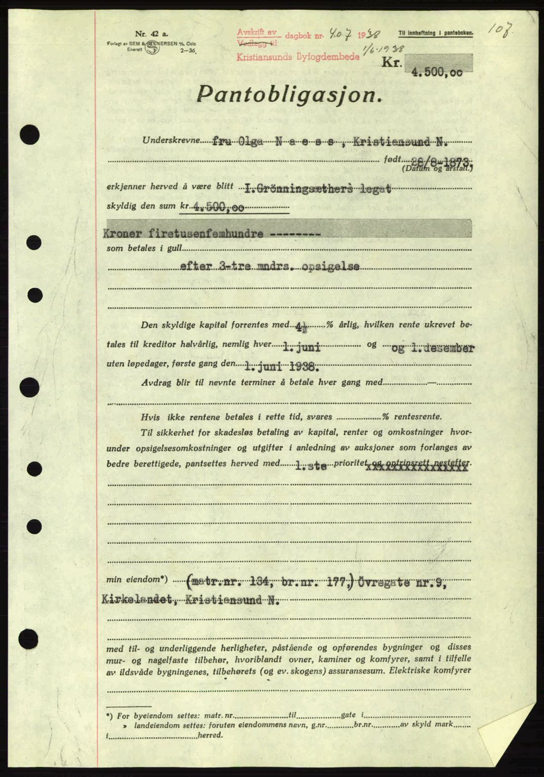 Kristiansund byfogd, SAT/A-4587/A/27: Mortgage book no. 31, 1938-1939, Diary no: : 407/1938