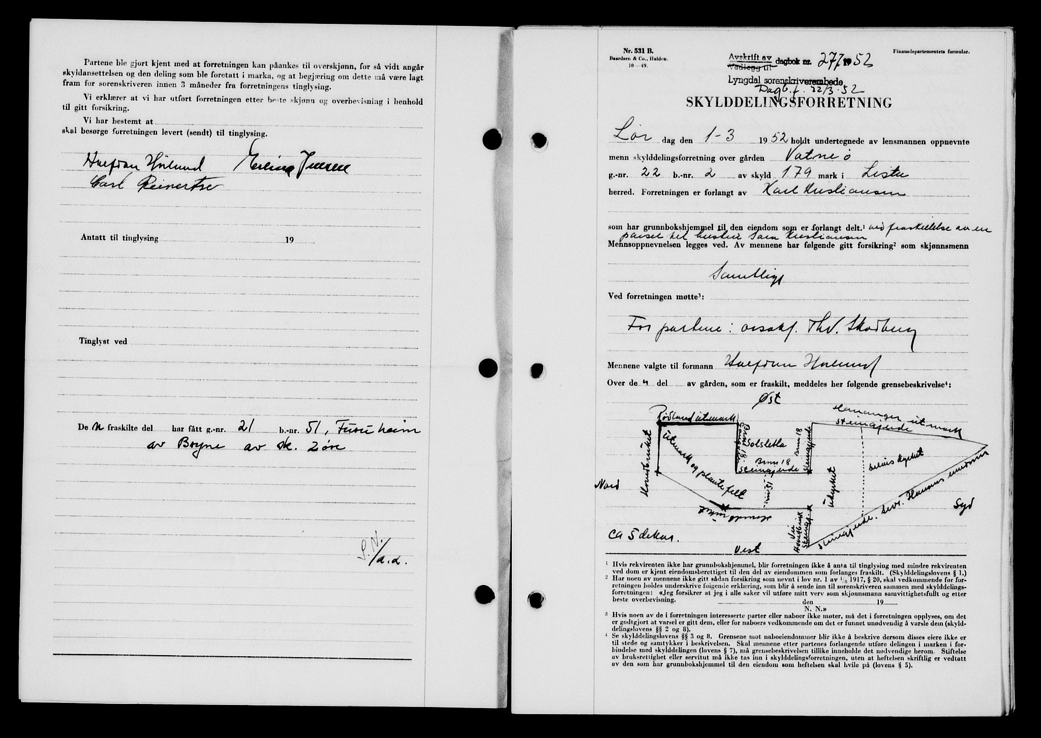 Lyngdal sorenskriveri, AV/SAK-1221-0004/G/Gb/L0667: Mortgage book no. A XIII, 1951-1952, Diary no: : 277/1952