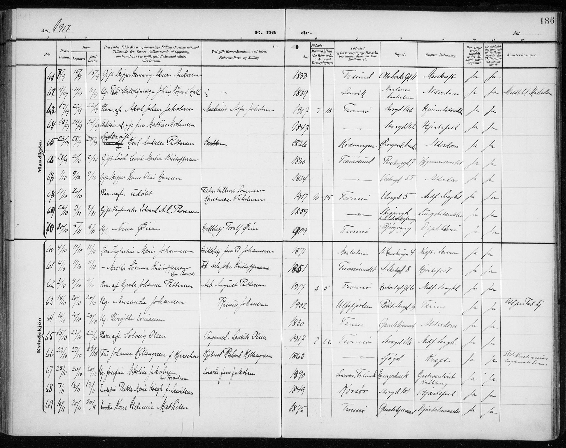 Tromsø sokneprestkontor/stiftsprosti/domprosti, AV/SATØ-S-1343/G/Ga/L0018kirke: Parish register (official) no. 18, 1907-1917, p. 186