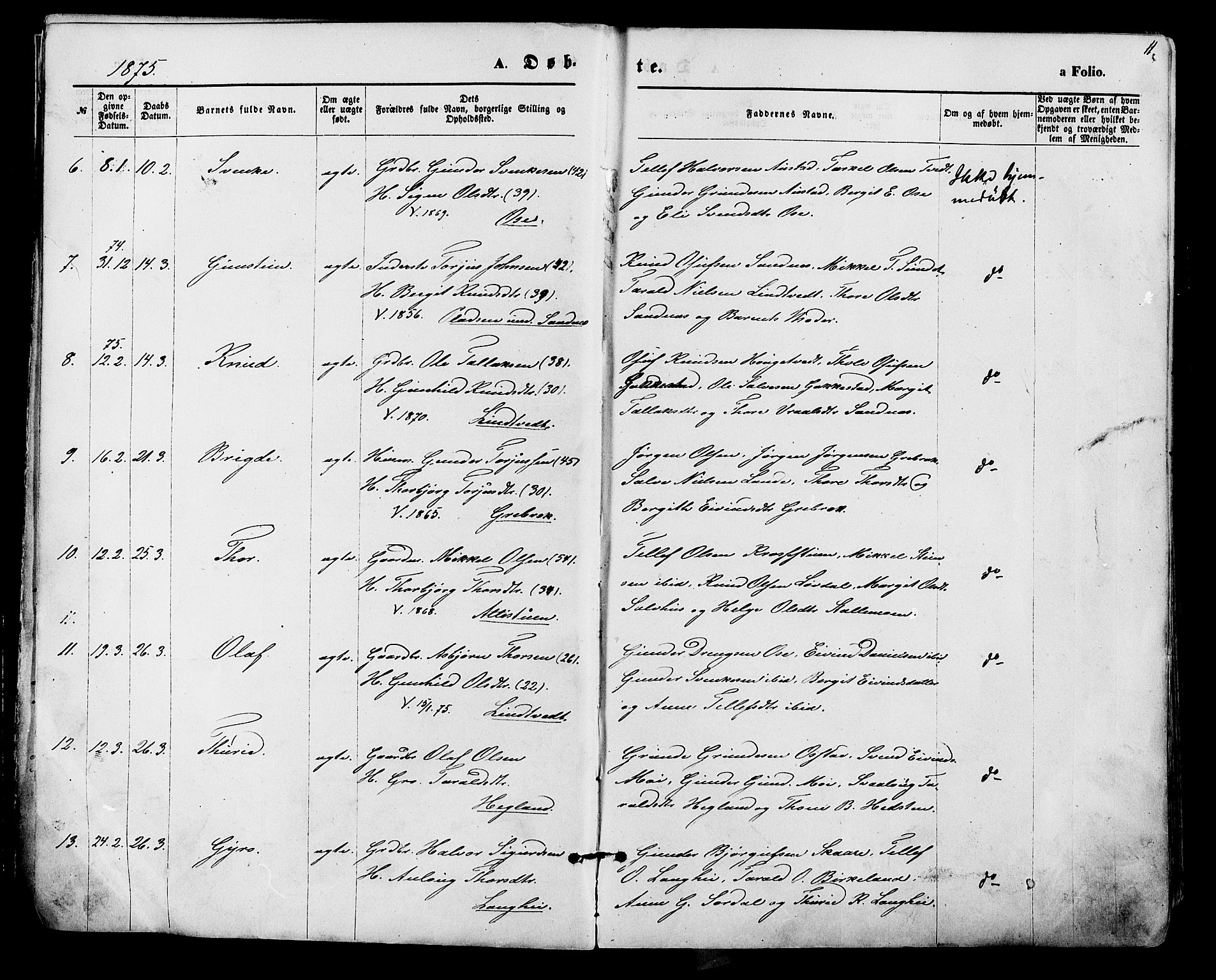 Bygland sokneprestkontor, AV/SAK-1111-0006/F/Fa/Fab/L0006: Parish register (official) no. A 6, 1873-1884, p. 11