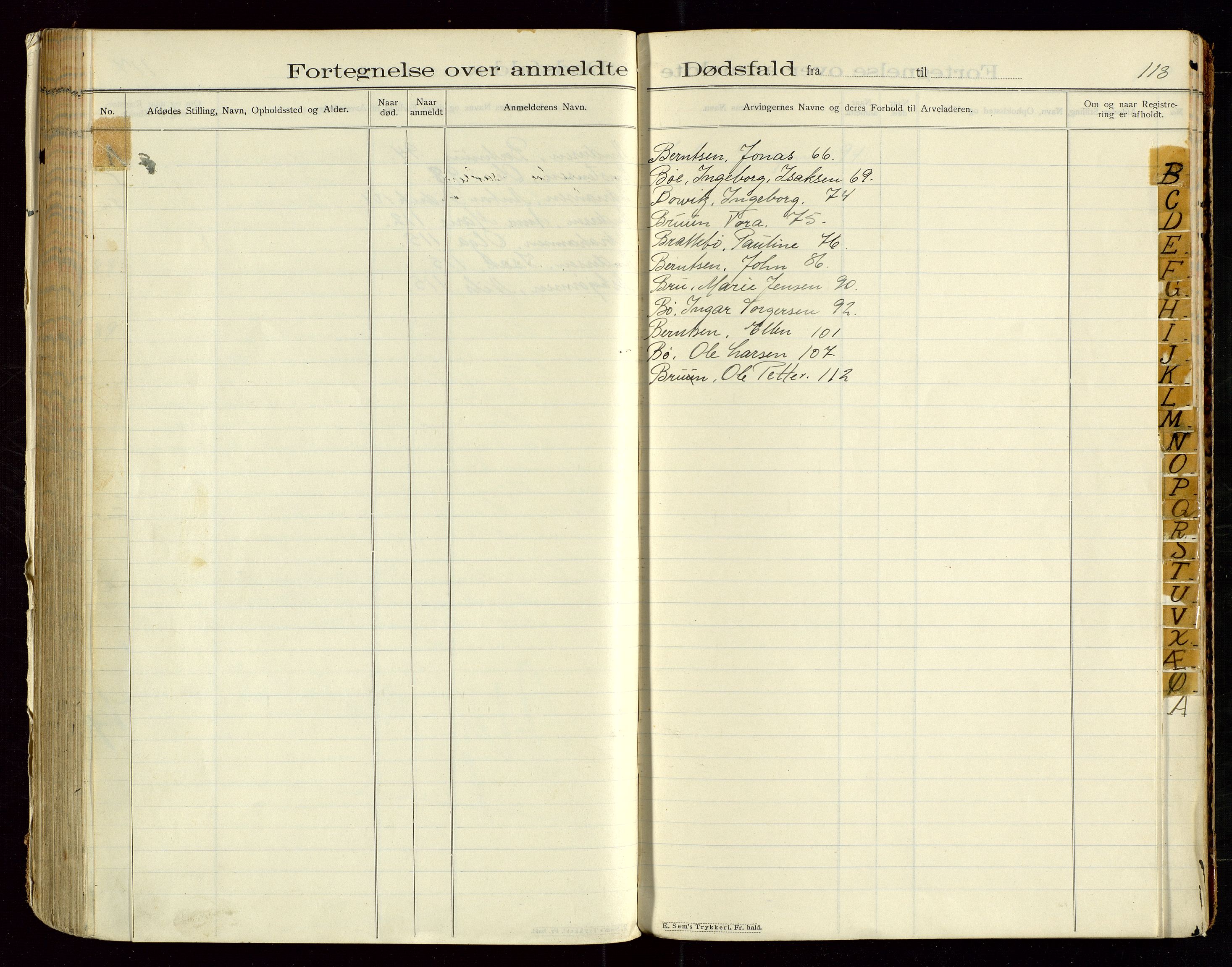 Eigersund lensmannskontor, SAST/A-100171/Gga/L0005: "Dødsfalds-Protokol" m/alfabetisk navneregister, 1905-1913, p. 118