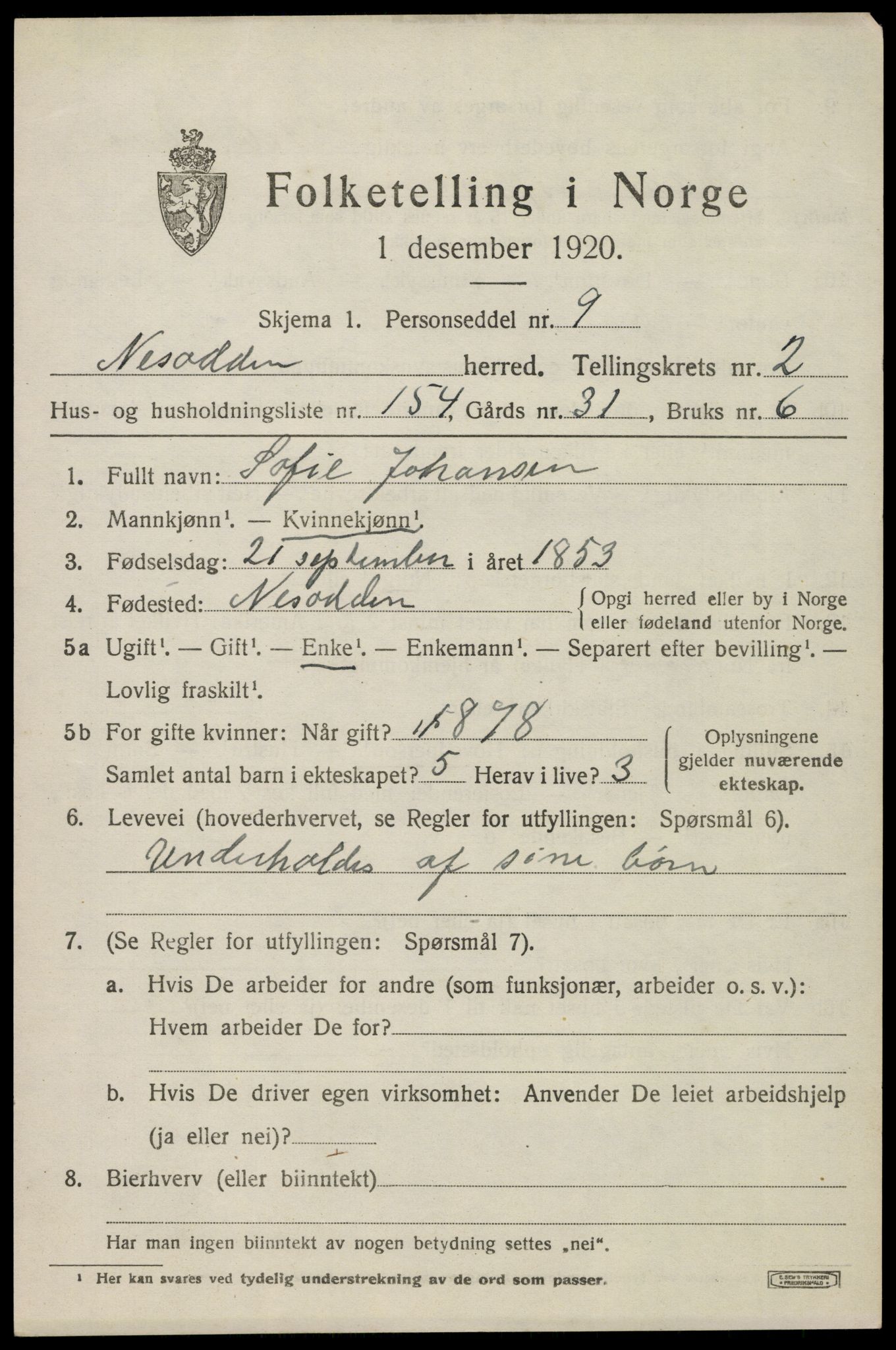 SAO, 1920 census for Nesodden, 1920, p. 3135