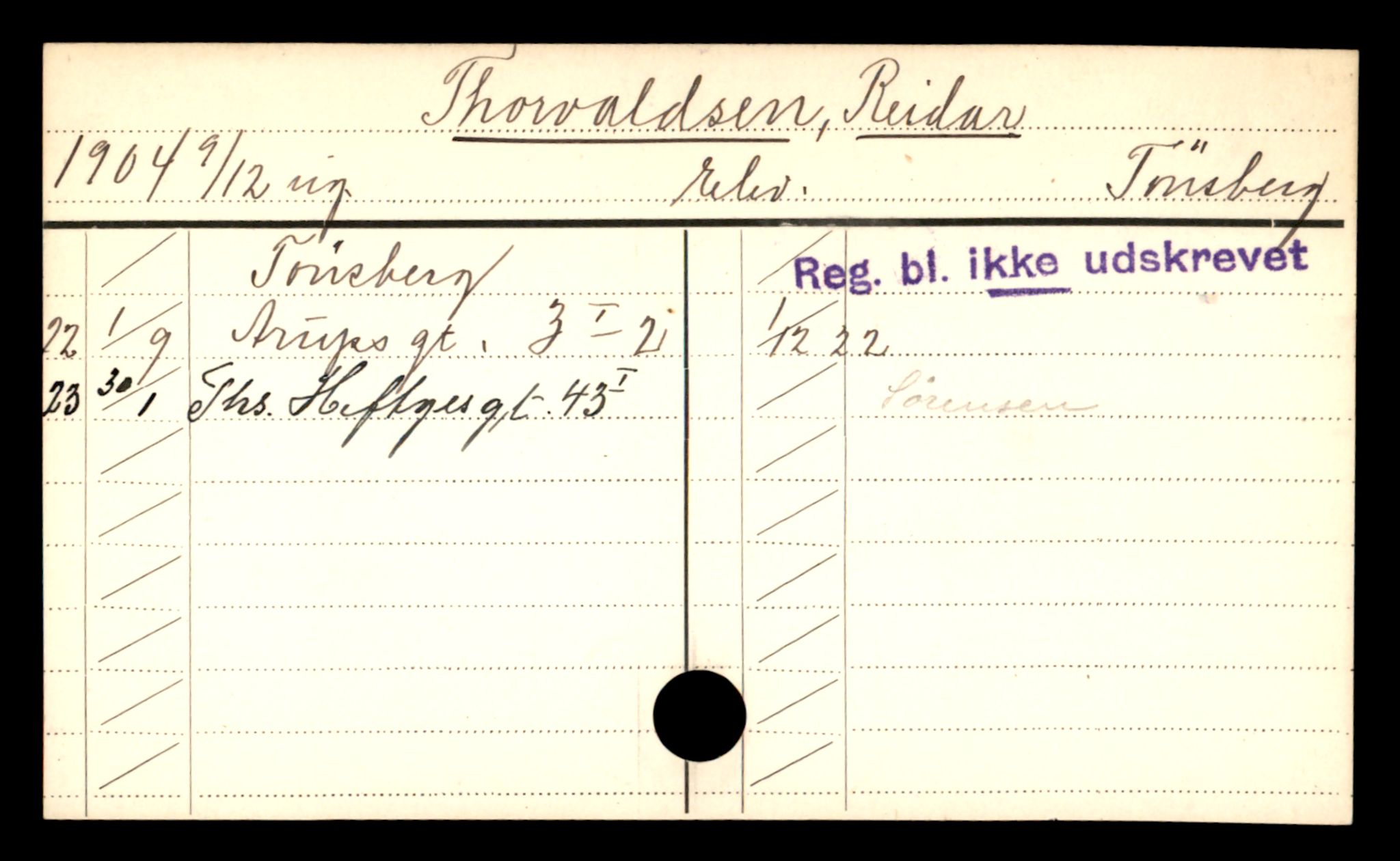 Oslo folkeregister, Registerkort, SAO/A-11715/D/Da/L0094: Menn: Thorvaldsen Reidar - Ubberud Gunnar, 1906-1919