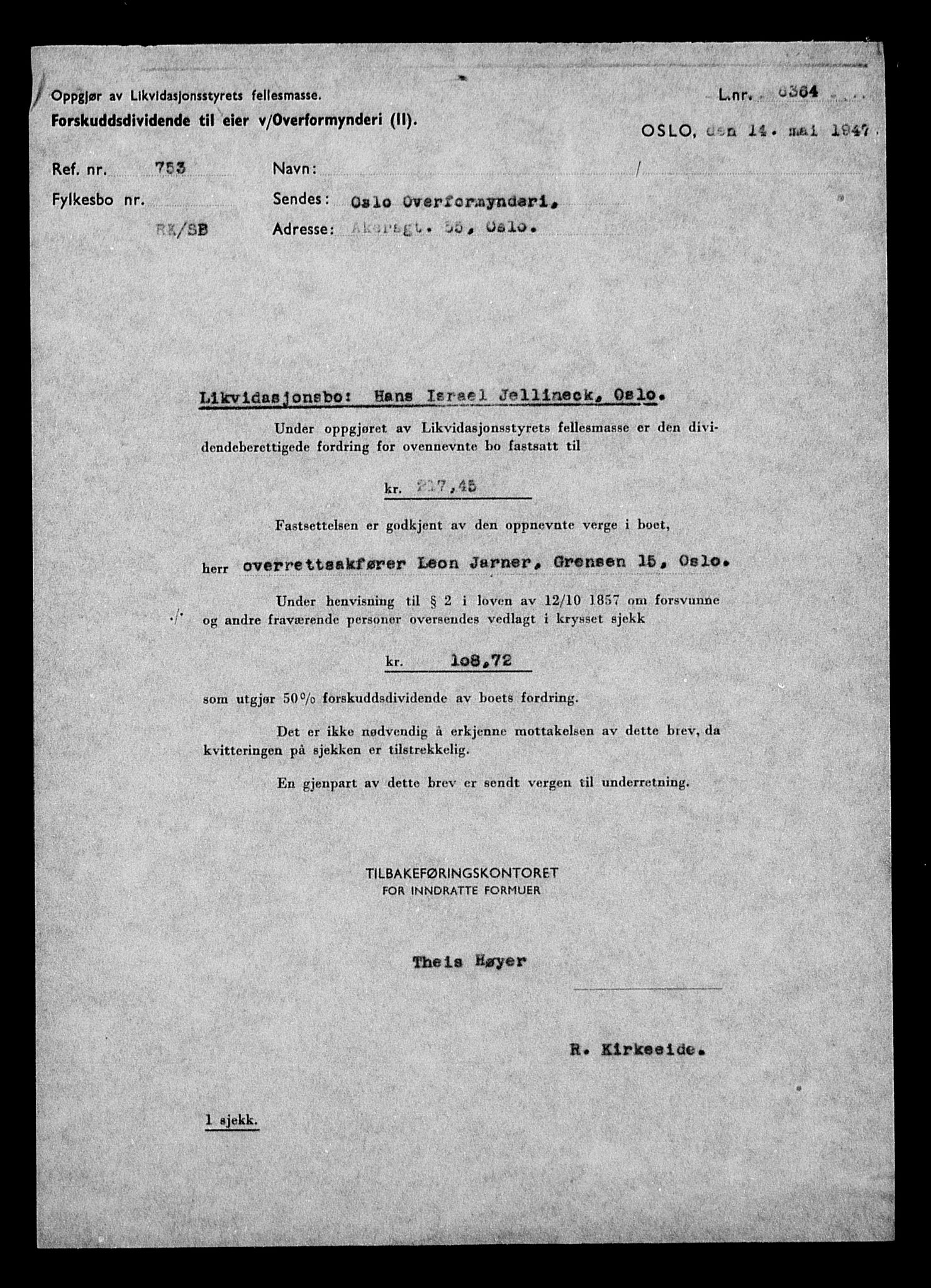 Justisdepartementet, Tilbakeføringskontoret for inndratte formuer, AV/RA-S-1564/H/Hc/Hcc/L0947: --, 1945-1947, p. 429