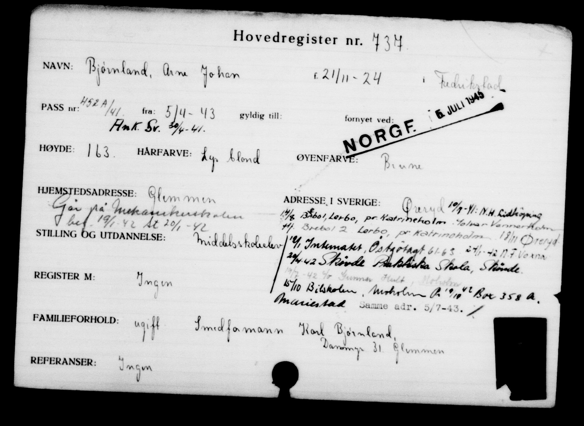 Utenriksstasjonene, Legasjonen i Stockholm, Flyktningkontoret, AV/RA-S-6753/V/Va/L0001: Kjesäterkartoteket, flyktninger med registreringsnr. 1-1000, 1940-1945, p. 1157