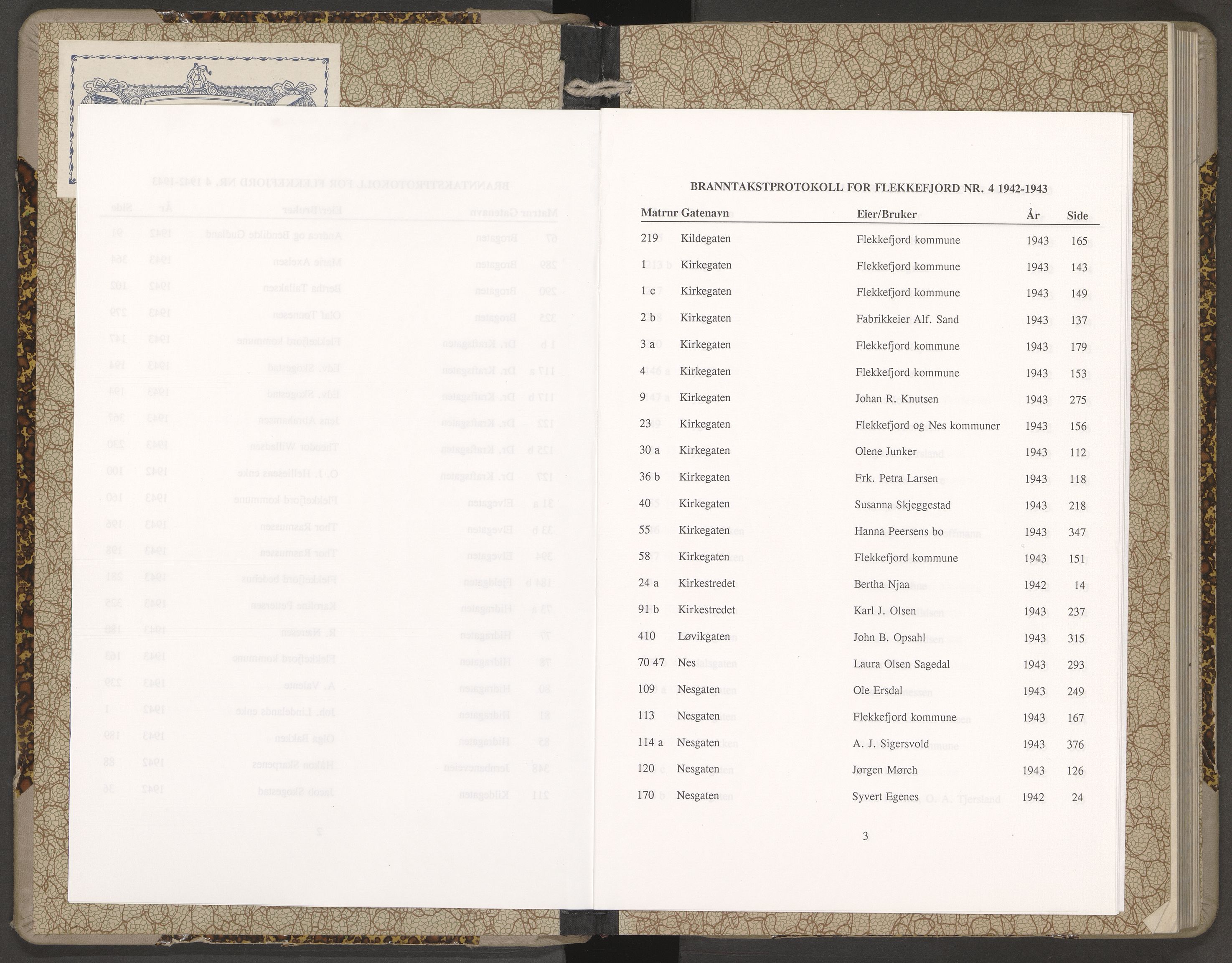 Norges Brannkasse Flekkefjord, AV/SAK-2241-0015/F/Fa/L0004: Branntakstprotokoll nr. 4 med gatenavnregister, 1942-1943