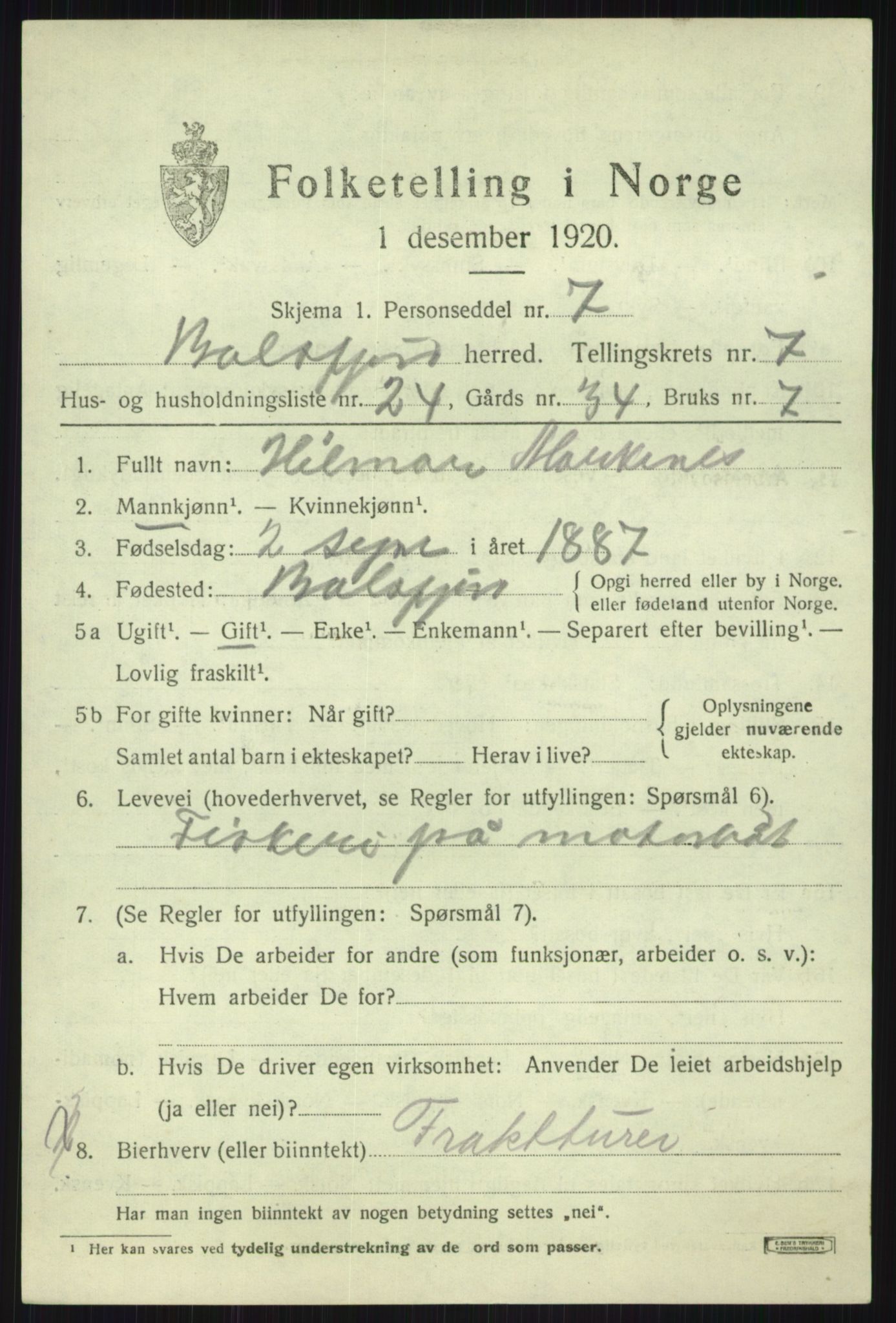 SATØ, 1920 census for Balsfjord, 1920, p. 4490