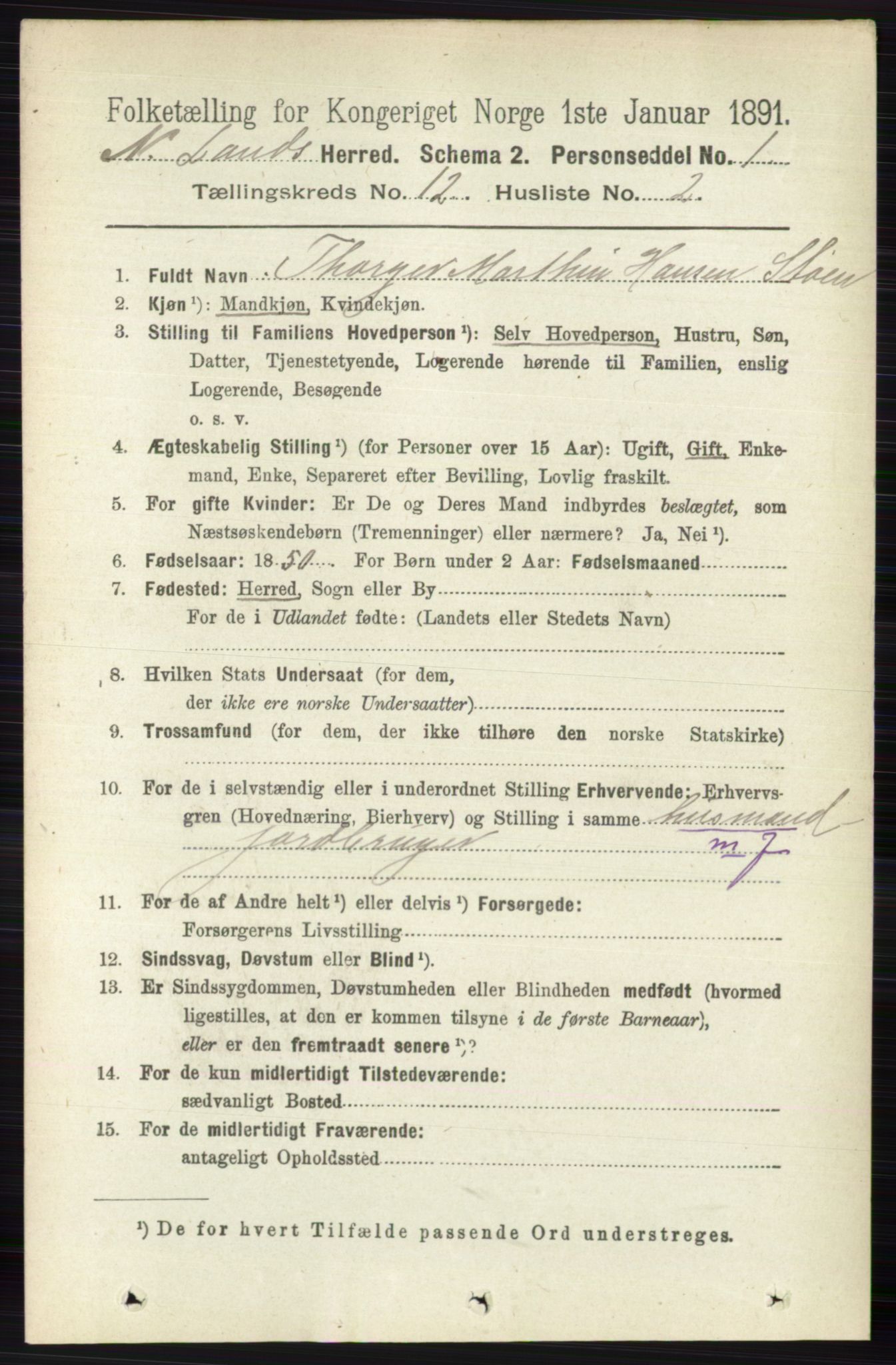 RA, 1891 census for 0538 Nordre Land, 1891, p. 3229