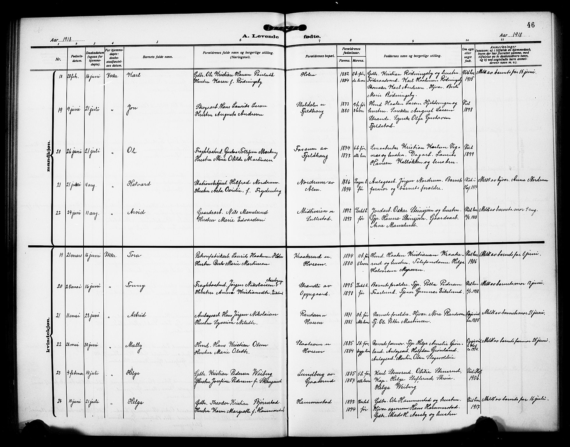 Østre Toten prestekontor, AV/SAH-PREST-104/H/Ha/Hab/L0008: Parish register (copy) no. 8, 1913-1929, p. 46