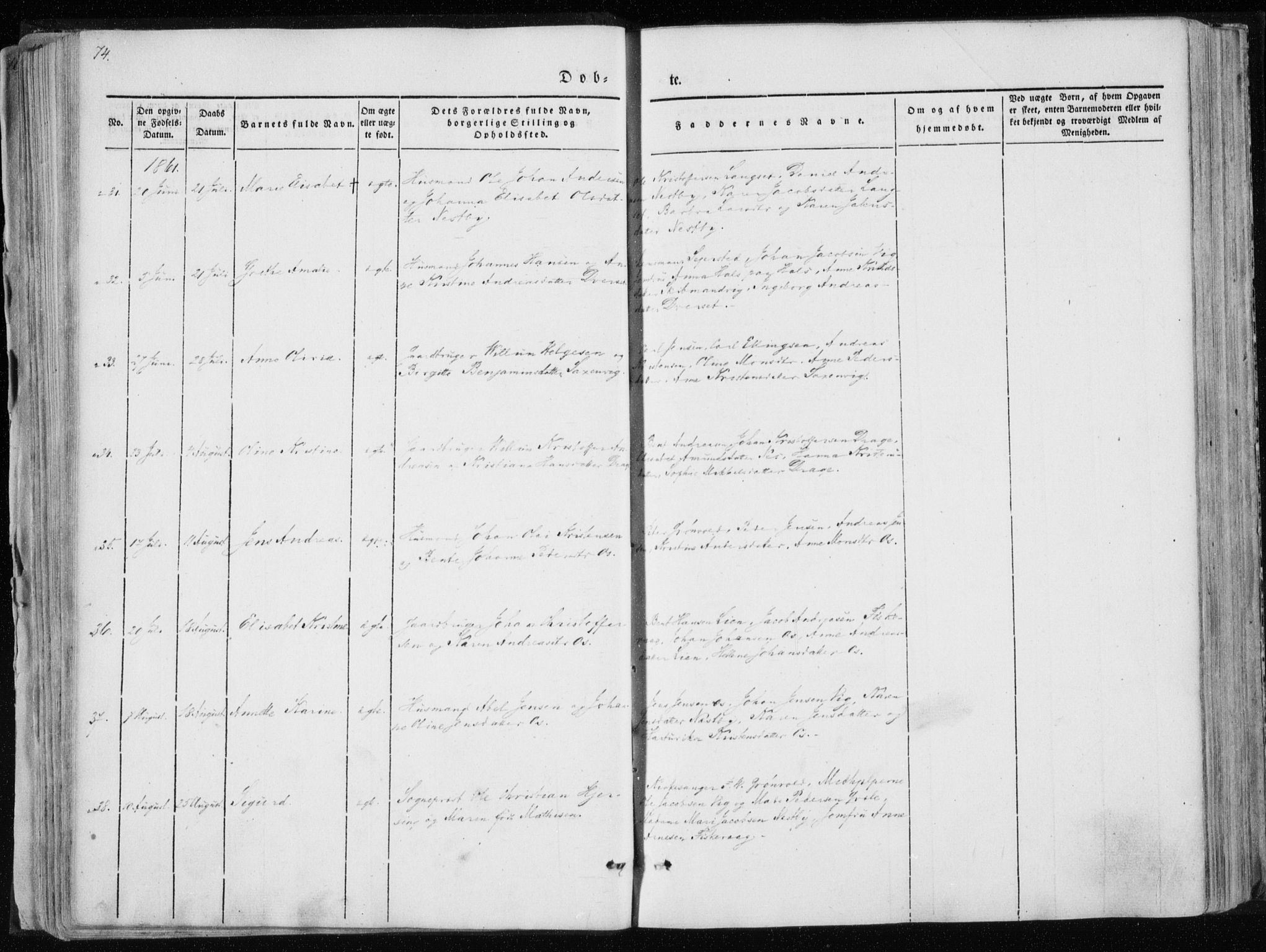 Ministerialprotokoller, klokkerbøker og fødselsregistre - Nordland, AV/SAT-A-1459/847/L0666: Parish register (official) no. 847A06, 1842-1871, p. 74