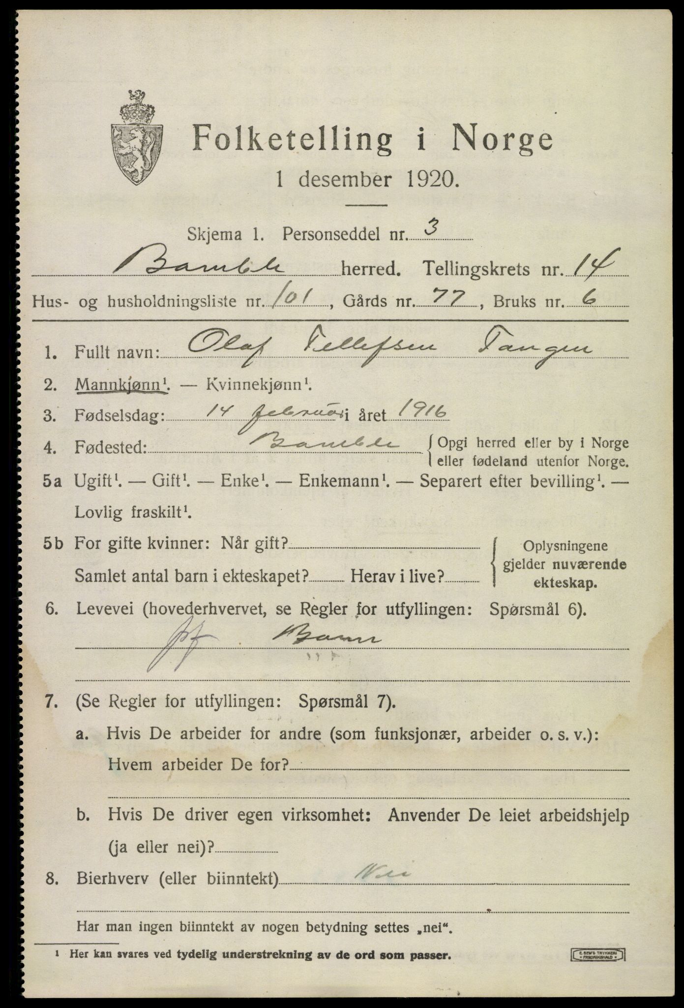 SAKO, 1920 census for Bamble, 1920, p. 10843