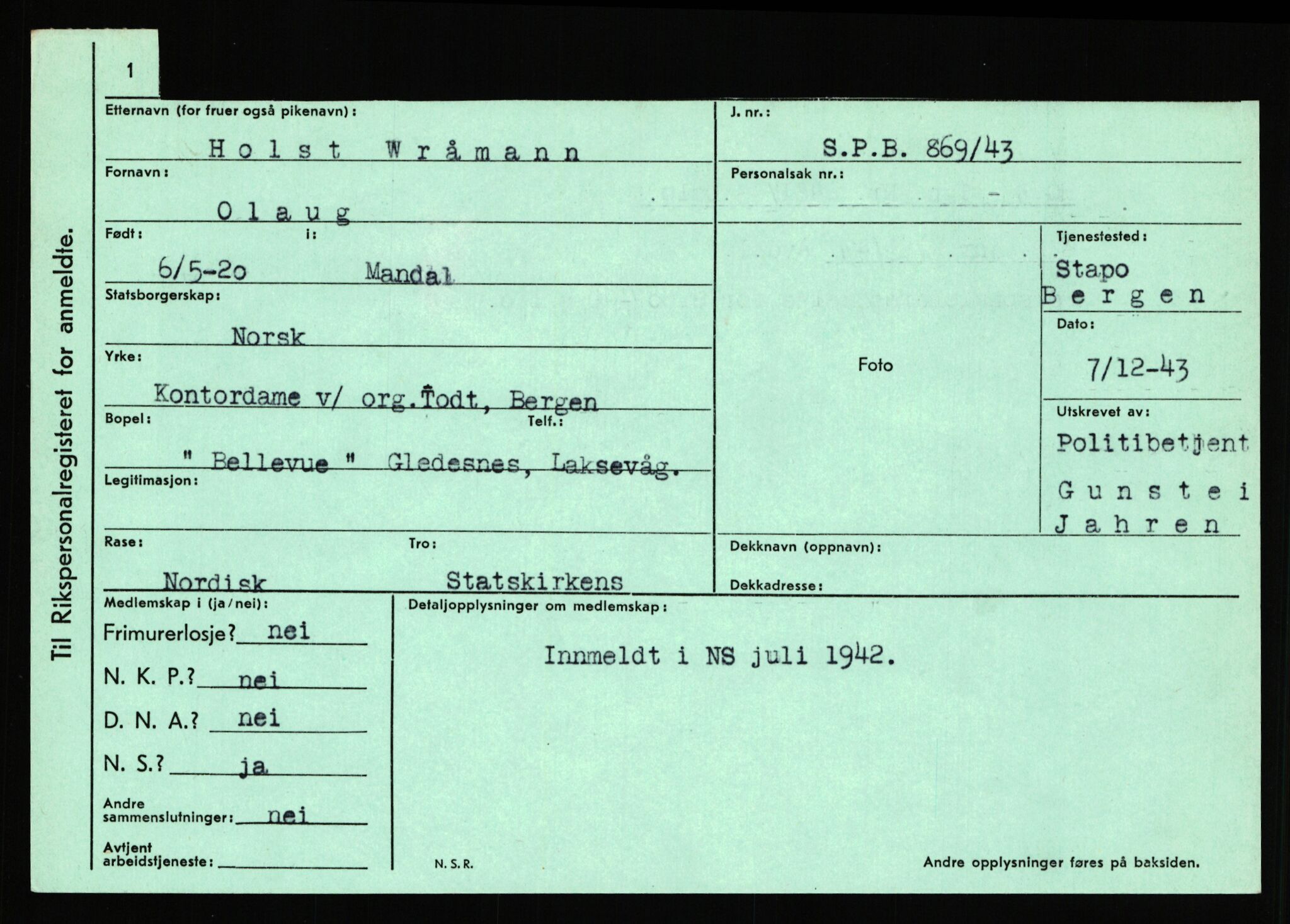 Statspolitiet - Hovedkontoret / Osloavdelingen, AV/RA-S-1329/C/Ca/L0016: Uberg - Øystese, 1943-1945, p. 3166