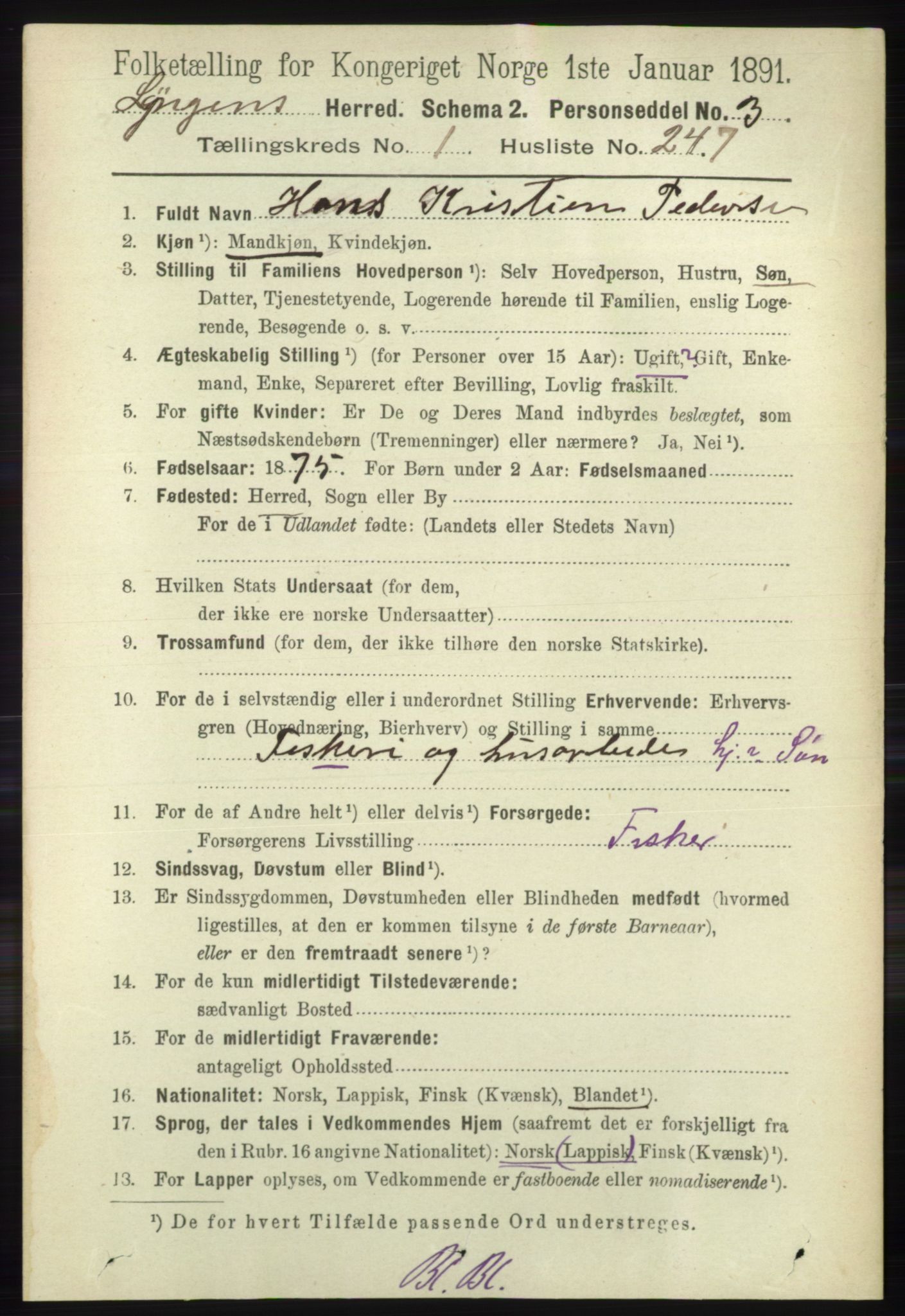 RA, 1891 census for 1938 Lyngen, 1891, p. 1919