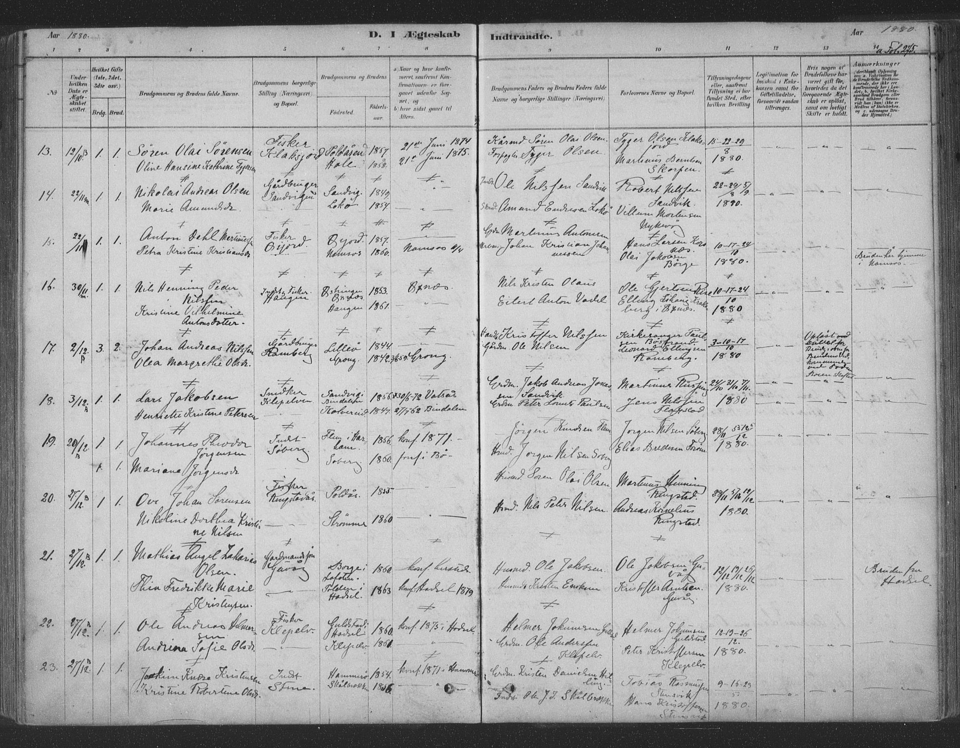 Ministerialprotokoller, klokkerbøker og fødselsregistre - Nordland, AV/SAT-A-1459/891/L1302: Parish register (official) no. 891A07, 1878-1895, p. 275