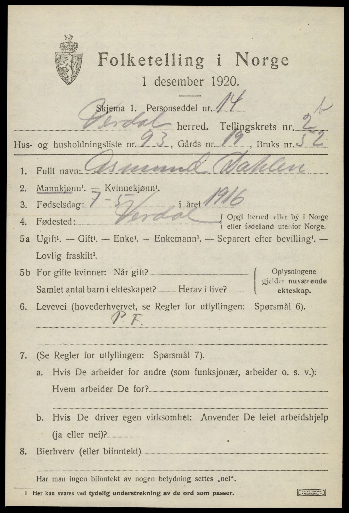 SAT, 1920 census for Verdal, 1920, p. 5241