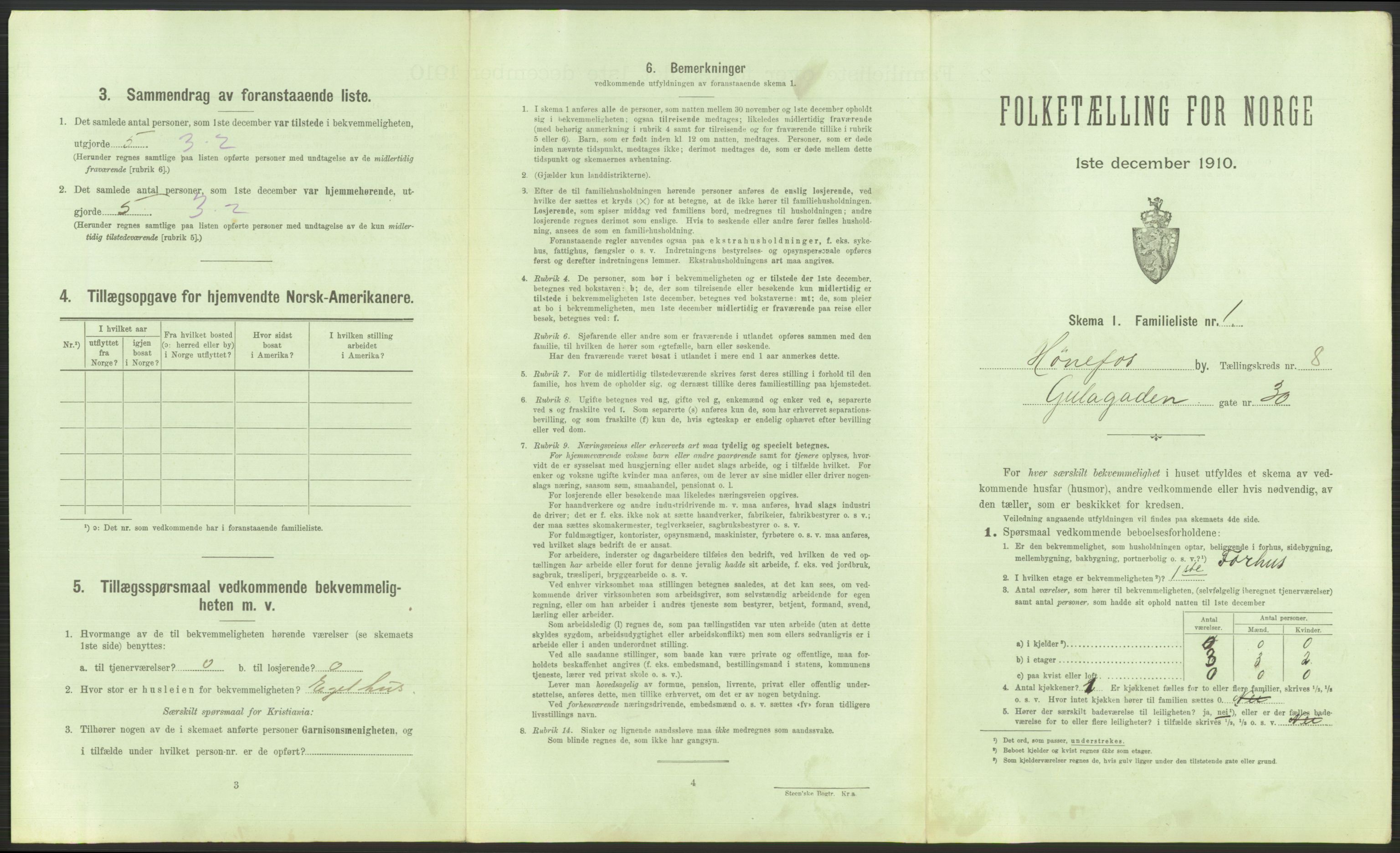 RA, 1910 census for Hønefoss, 1910