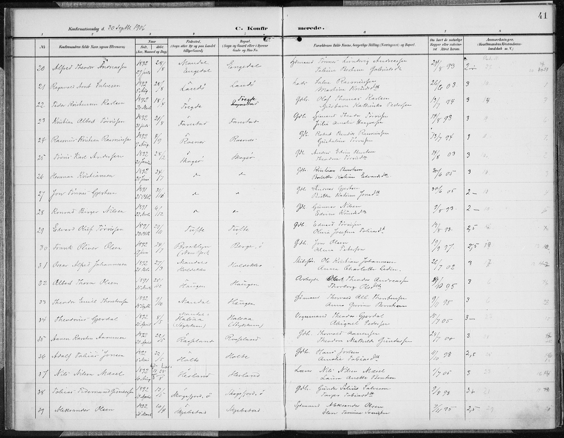 Mandal sokneprestkontor, AV/SAK-1111-0030/F/Fa/Faa/L0019: Parish register (official) no. A 19, 1902-1912, p. 41