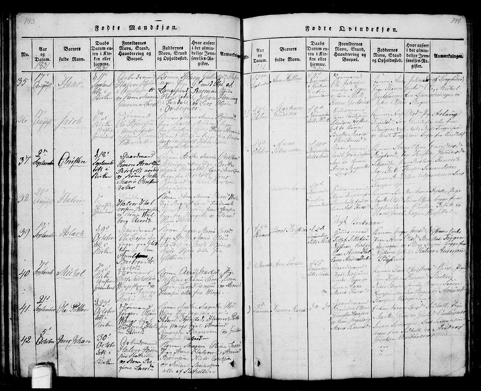 Bamble kirkebøker, AV/SAKO-A-253/G/Ga/L0005: Parish register (copy) no. I 5, 1814-1855, p. 143-144