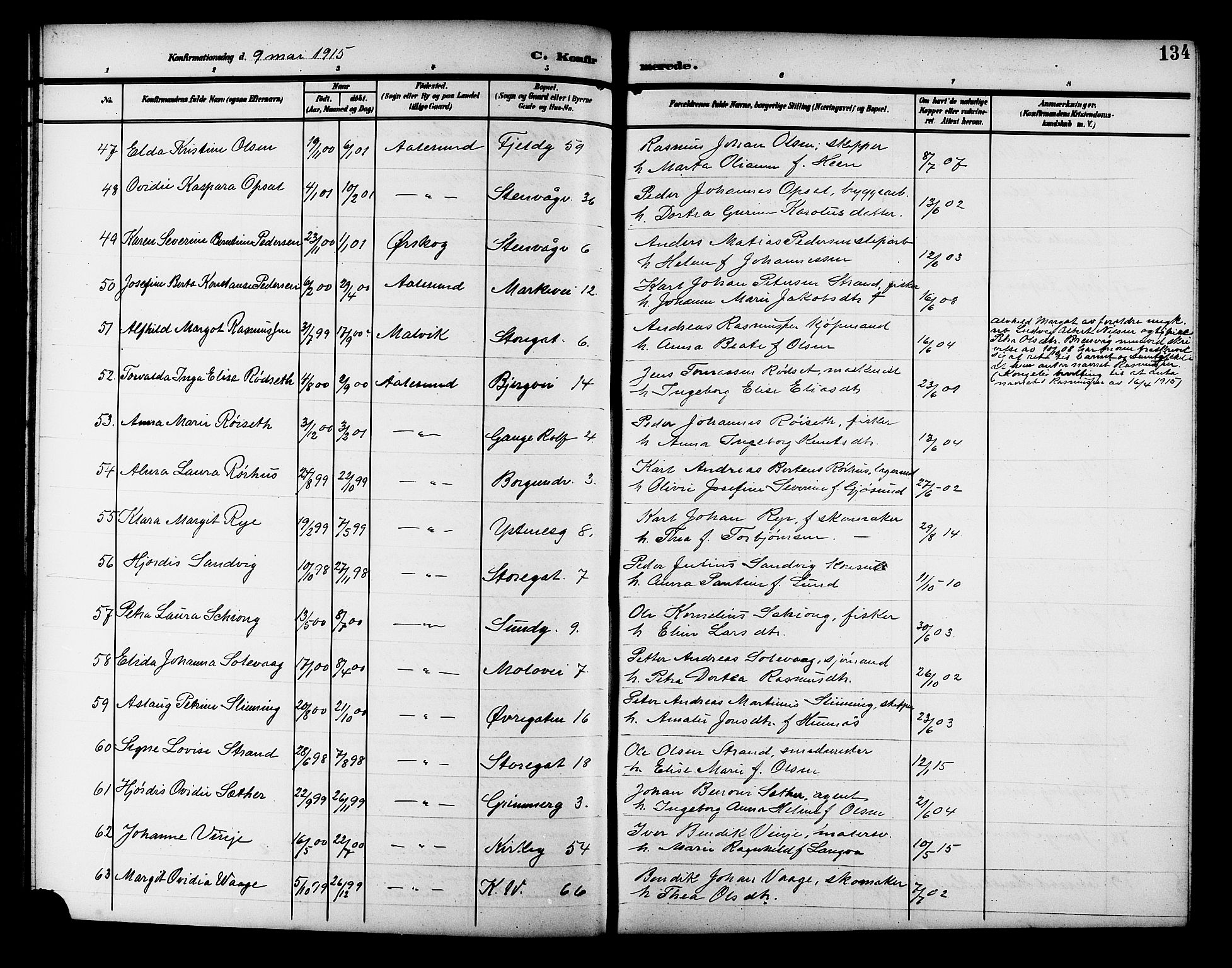 Ministerialprotokoller, klokkerbøker og fødselsregistre - Møre og Romsdal, AV/SAT-A-1454/529/L0470: Parish register (copy) no. 529C07, 1907-1917, p. 134