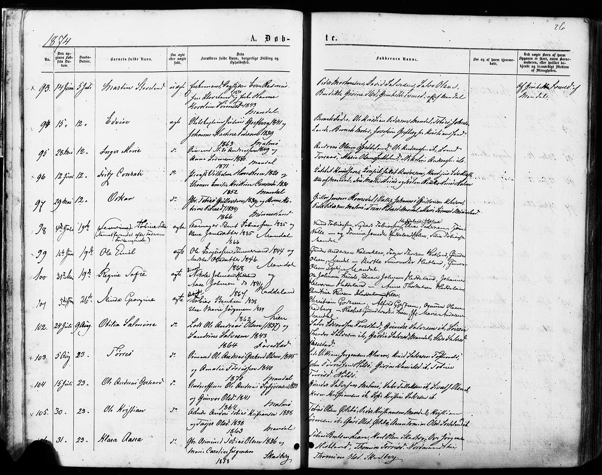 Mandal sokneprestkontor, SAK/1111-0030/F/Fa/Faa/L0015: Parish register (official) no. A 15, 1873-1879, p. 26