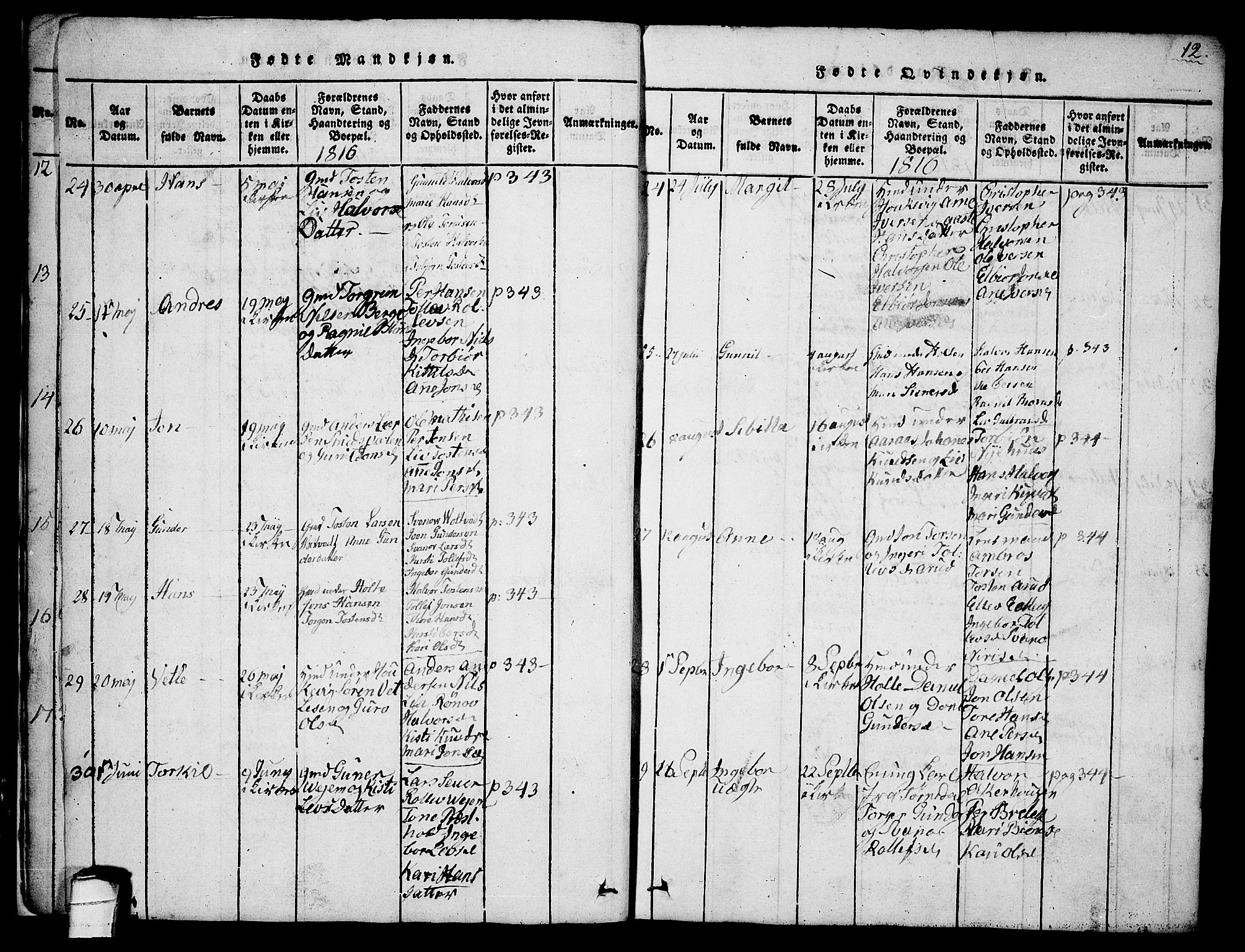 Sauherad kirkebøker, SAKO/A-298/G/Ga/L0001: Parish register (copy) no. I 1, 1815-1827, p. 12