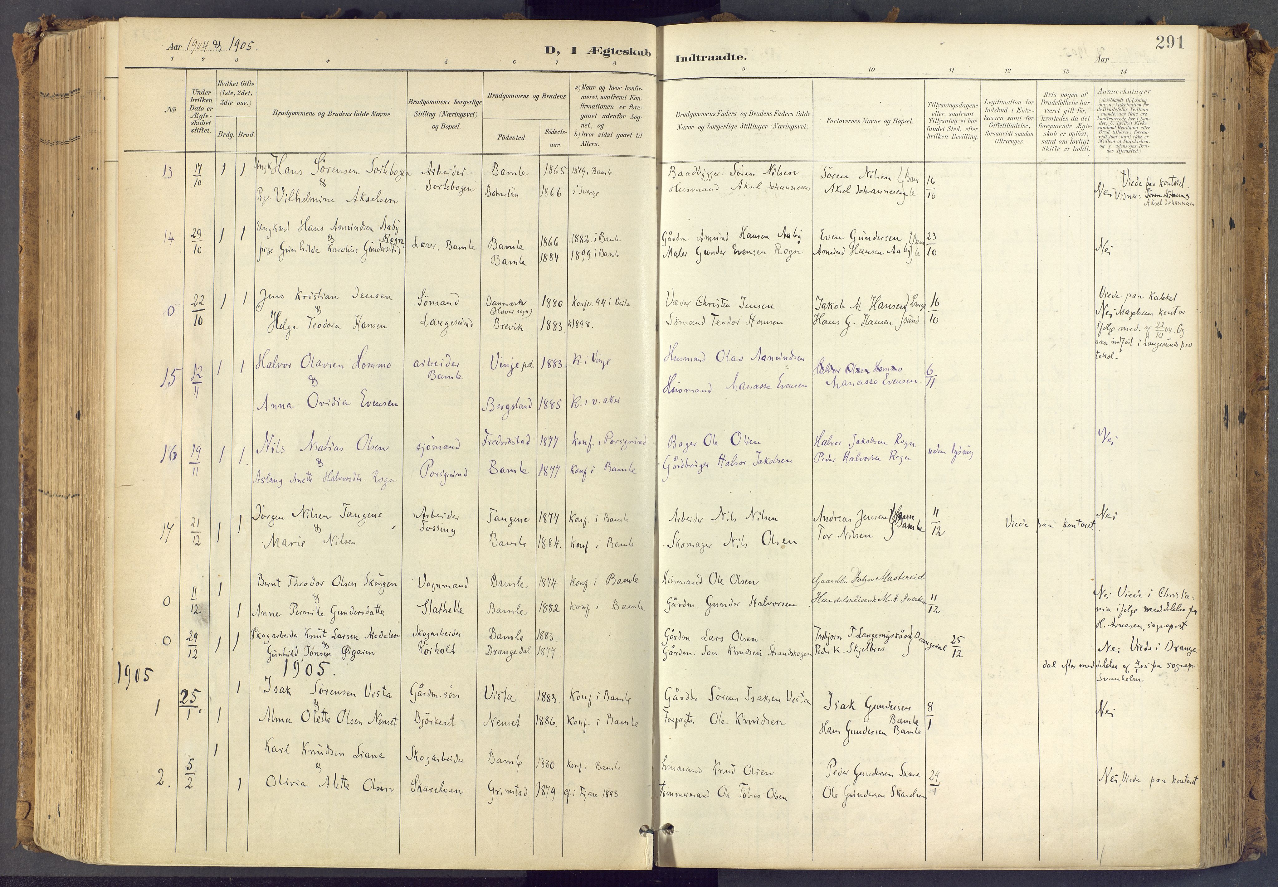 Bamble kirkebøker, SAKO/A-253/F/Fa/L0009: Parish register (official) no. I 9, 1901-1917, p. 291