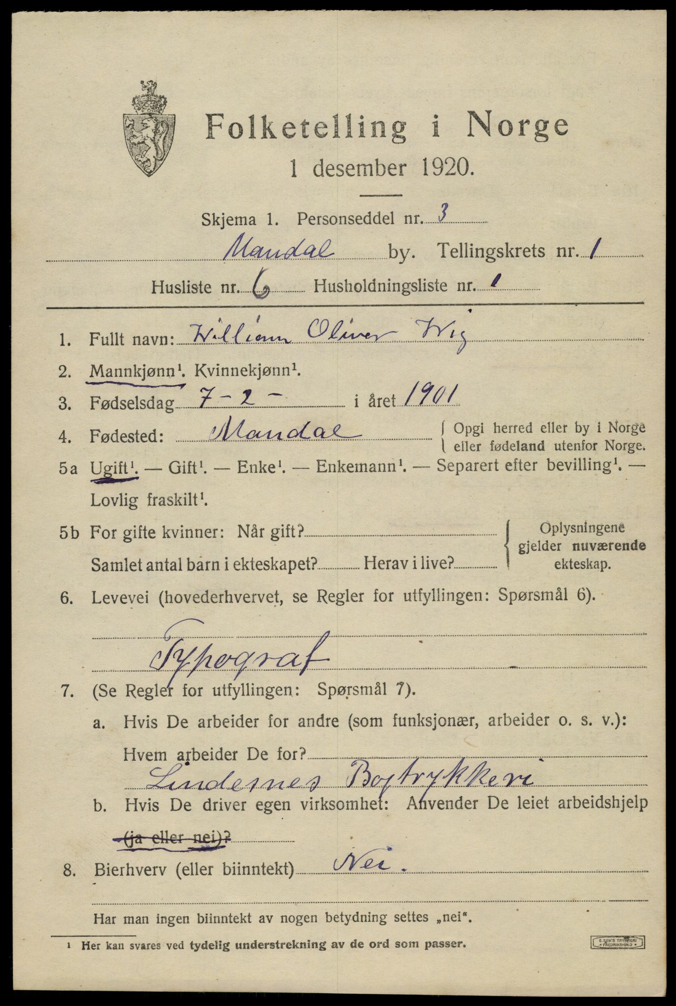 SAK, 1920 census for Mandal, 1920, p. 3307